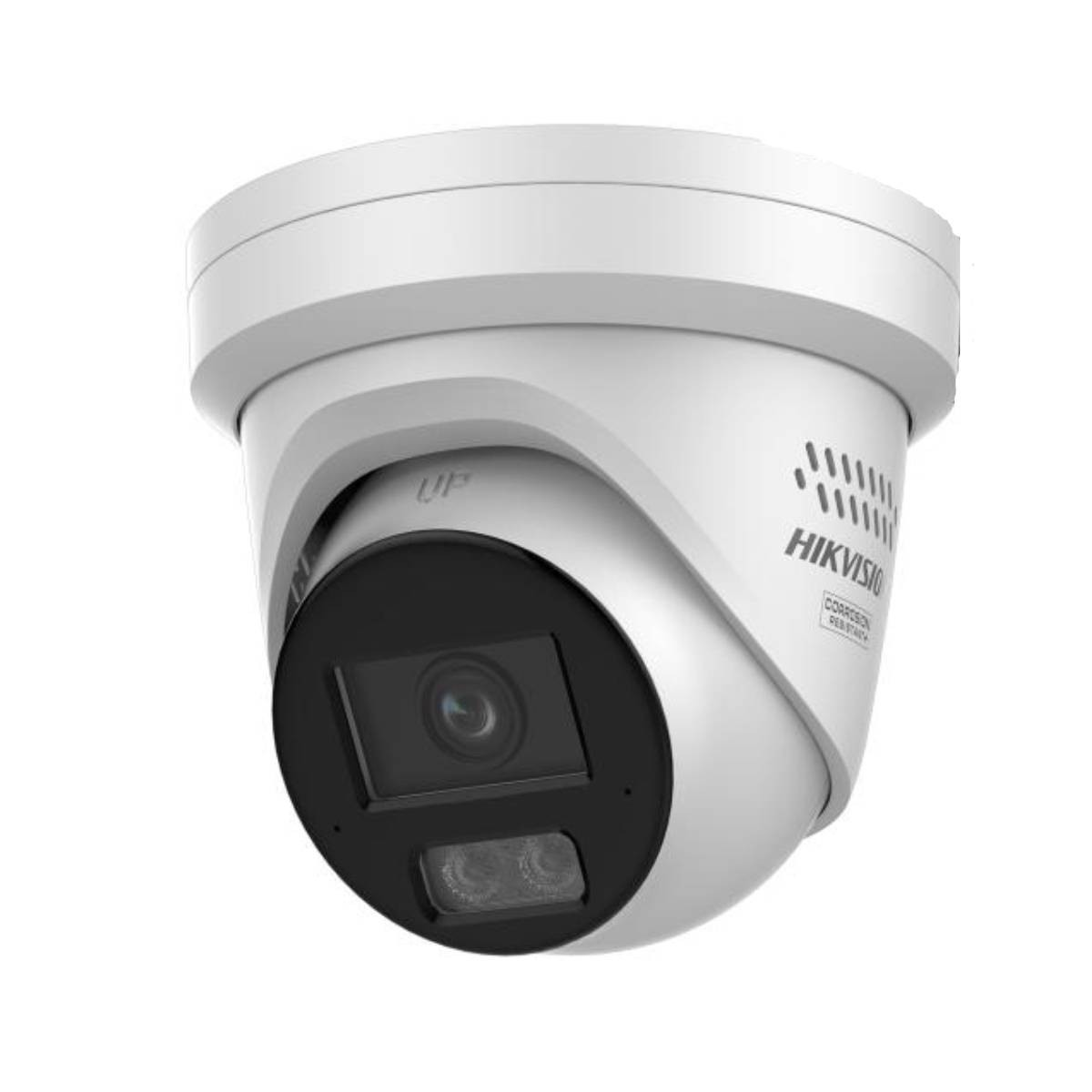 Una telecamera di sicurezza Hikvision bianca con obiettivo nero e LED IR, isolata su sfondo bianco.