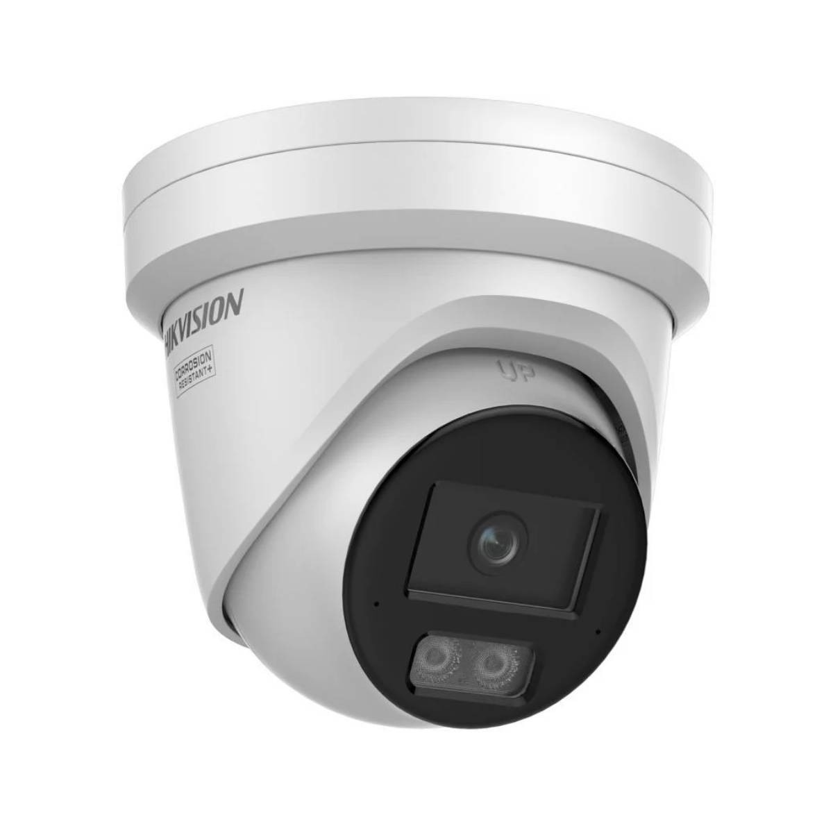 Telecamera di sicurezza Hikvision bianca con lente nera e due LED IR.