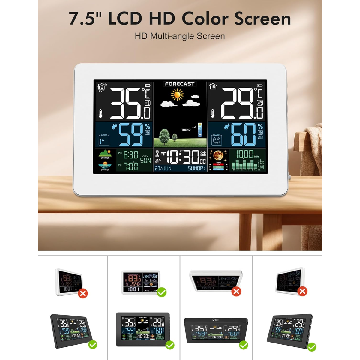 Reloj digital con pantalla a color que muestra el tiempo, fecha, hora, amanecer/atardecer.