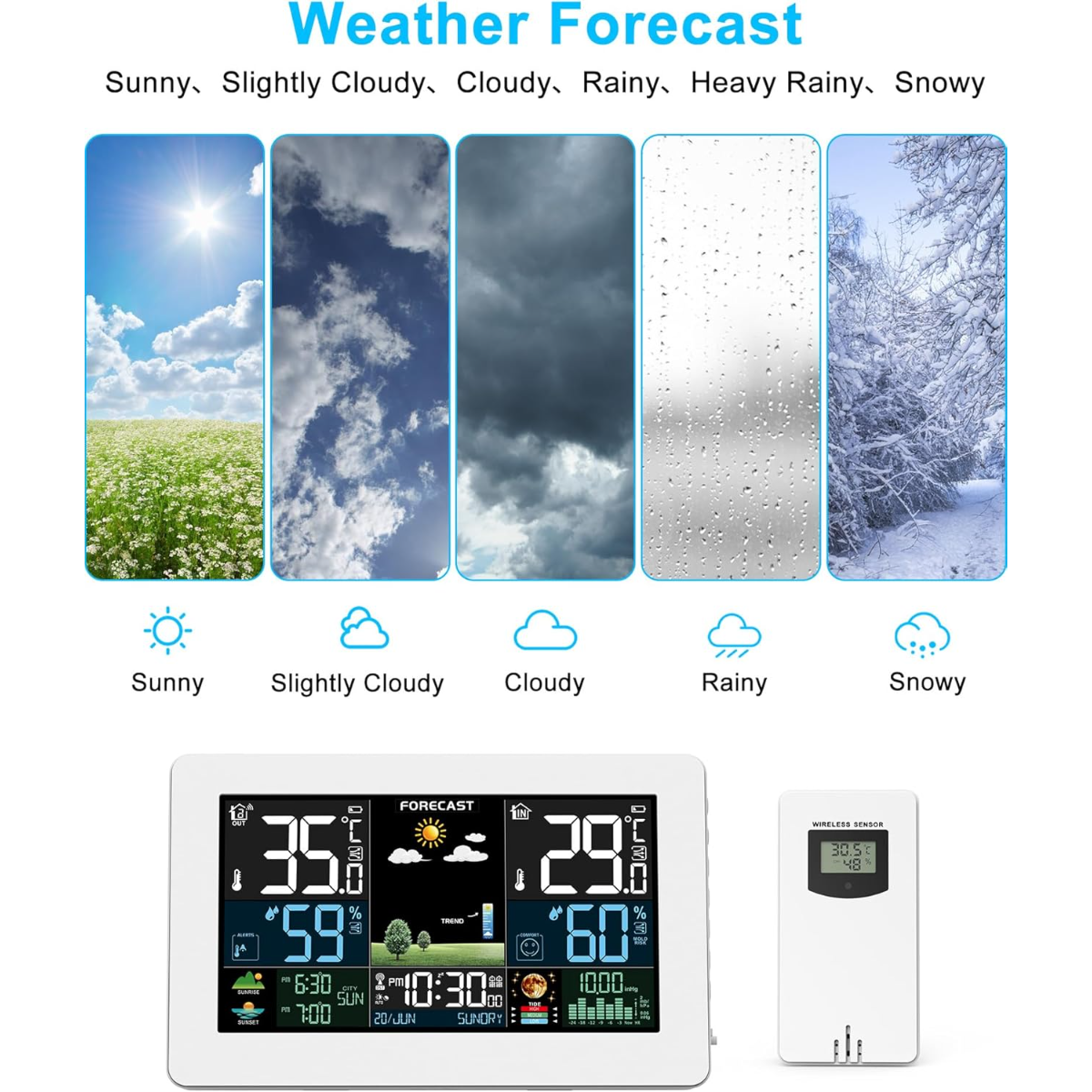 Pronóstico del tiempo: Soleado, nublado, nublado, lluvioso, nevado.