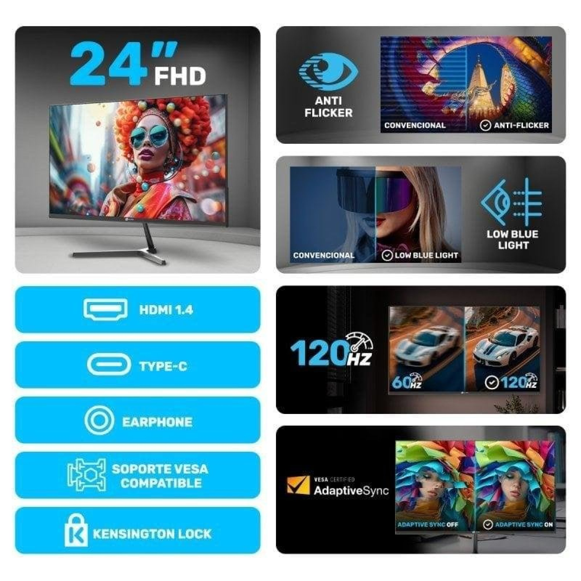 Monitor FHD da 24 pollici con Anti-Flicker, Low Blue Light, HDMI 1.4, Type-C, Auricolari, Supporto VESA, Blocco Kensington.