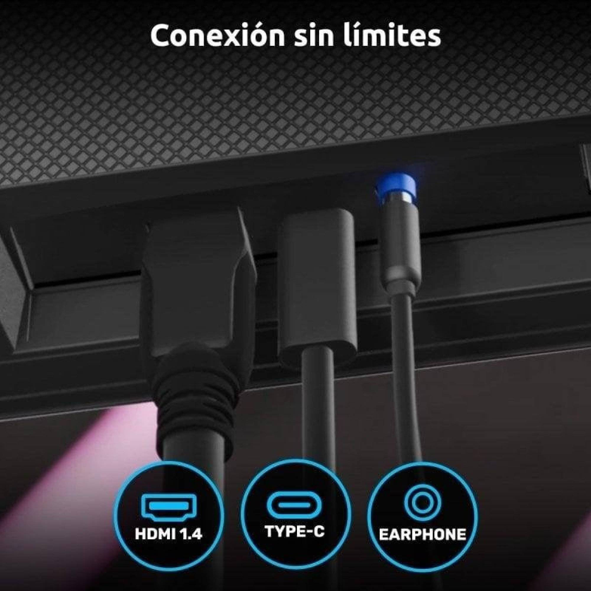 Tre cavi: HDMI 1.4, Type-C e Auricolari collegati a un dispositivo nero.