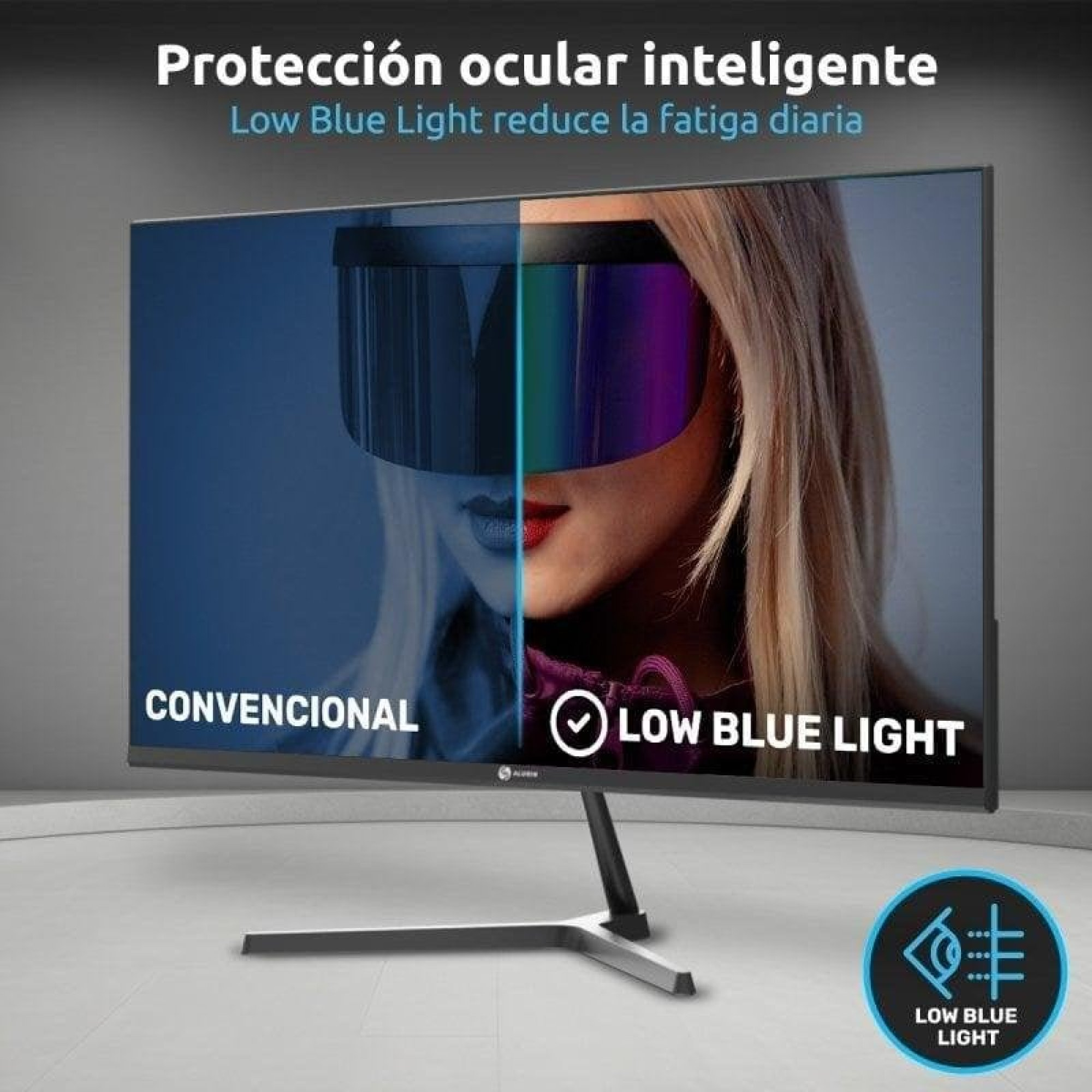 Un monitor mostra due metà di un volto: sinistra convenzionale, destra con bassa luce blu.