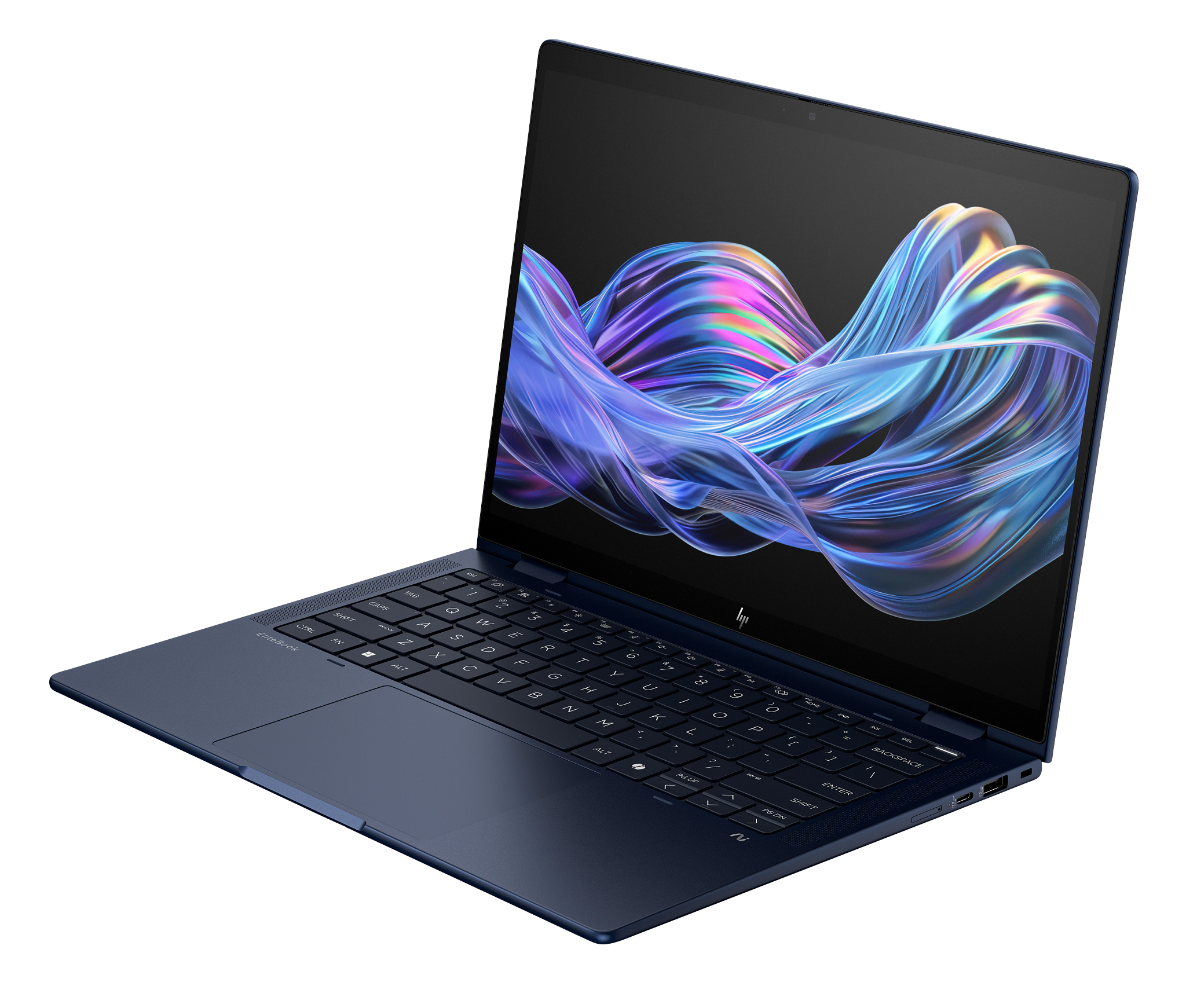 A dark blue HP EliteBook laptop is open. The screen displays an abstract, flowing graphic.