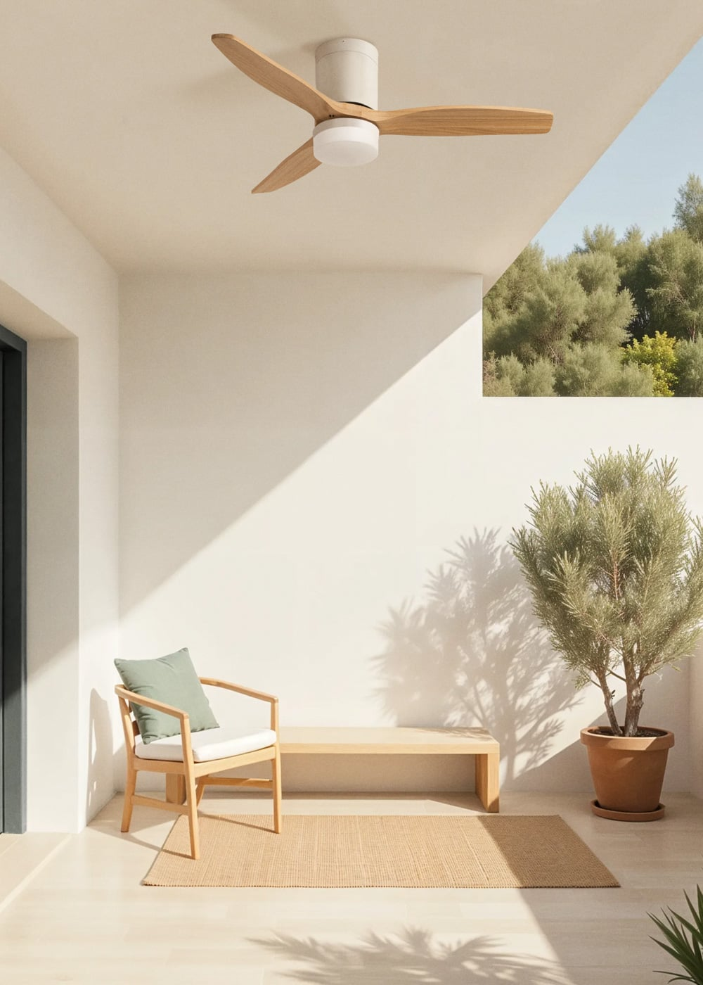 Un patio exterior con silla de madera, banco, alfombra y árbol en maceta.