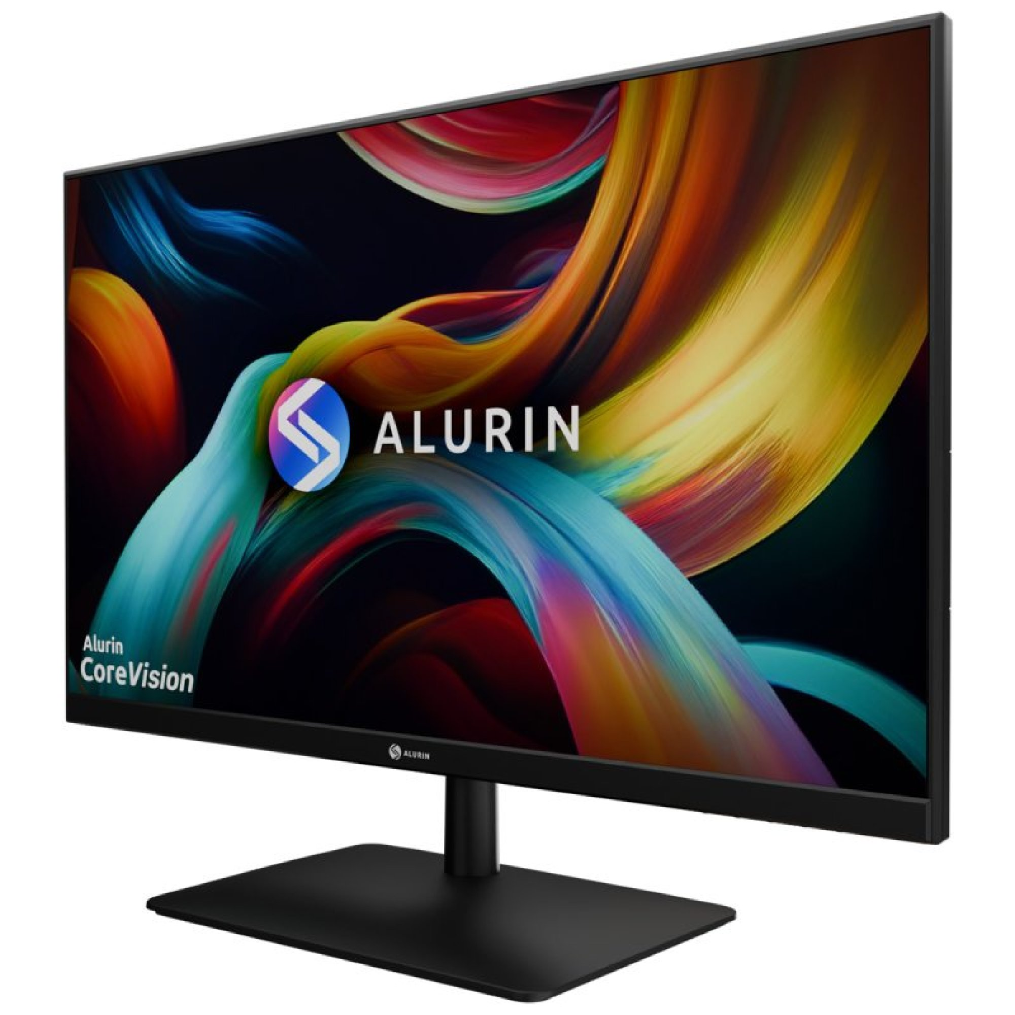Un monitor nero con uno sfondo astratto colorato e il logo Alurin.