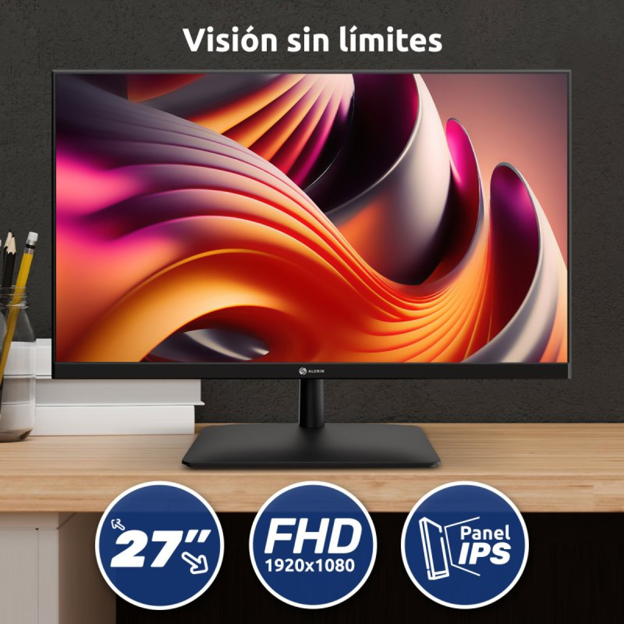 Un monitor IPS FHD da 27 pollici con grafica astratta sullo schermo.