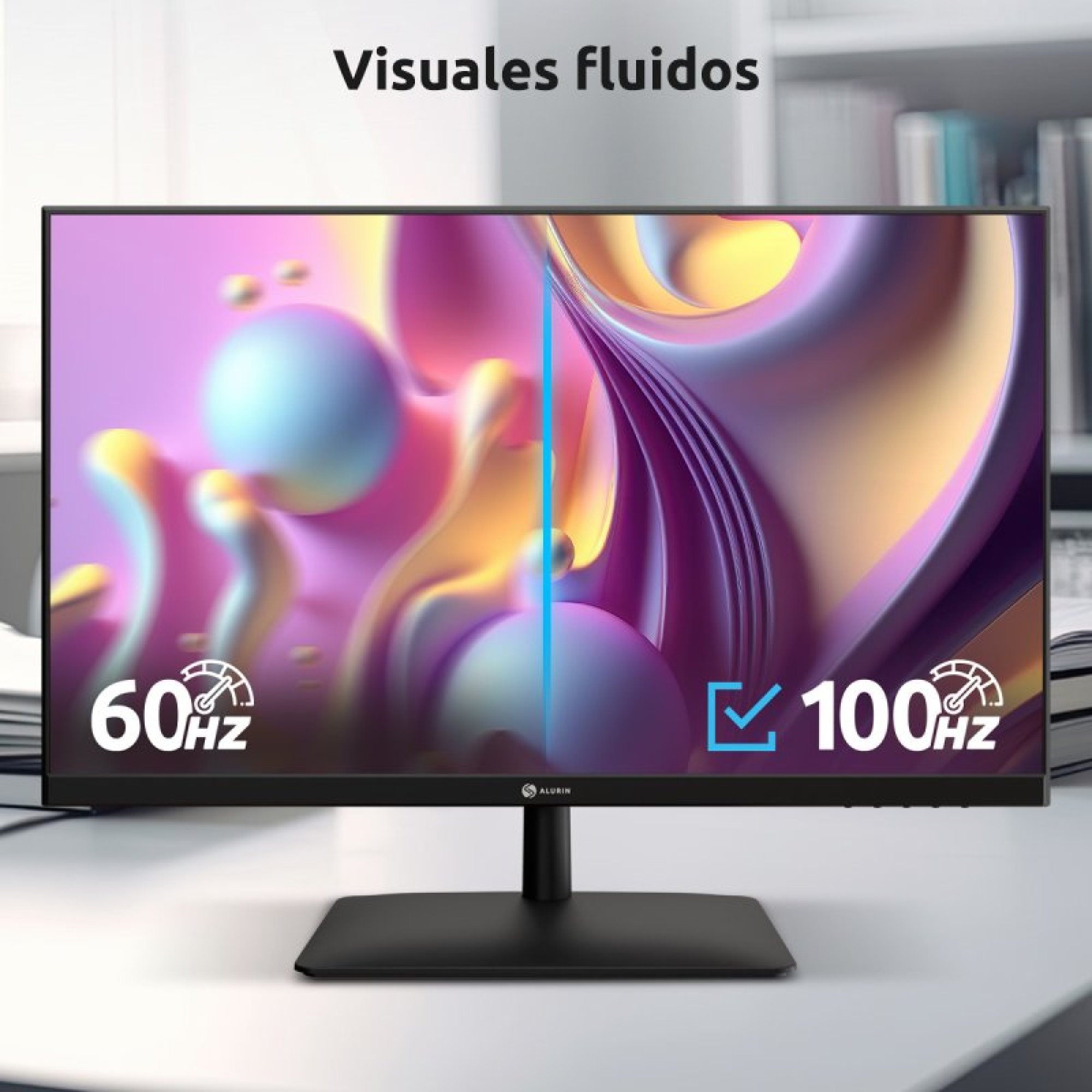 Un monitor visualizza una grafica astratta e colorata con 60Hz e 100Hz.