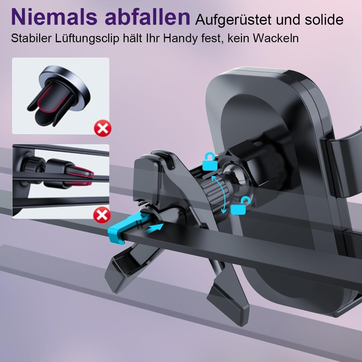 Soporte negro para teléfono en rejillas de ventilación con flechas y candados.