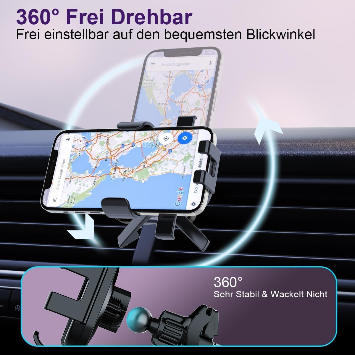 Un soporte para teléfono muestra Google Maps dentro de un coche.