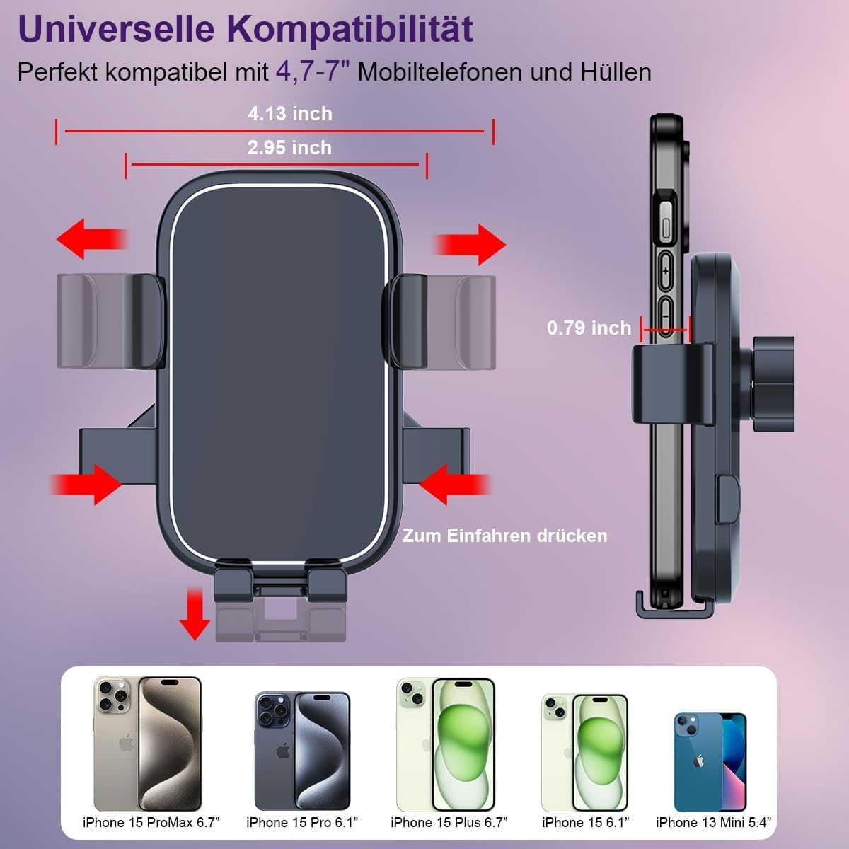 Soporte para teléfono con dimensiones y ejemplos de compatibilidad para iPhones.