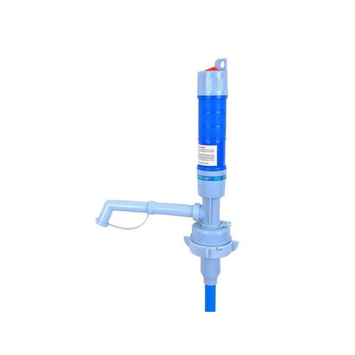 Un tubo pompa elettrico blu e grigio con pulsante rosso e beccuccio di uscita.