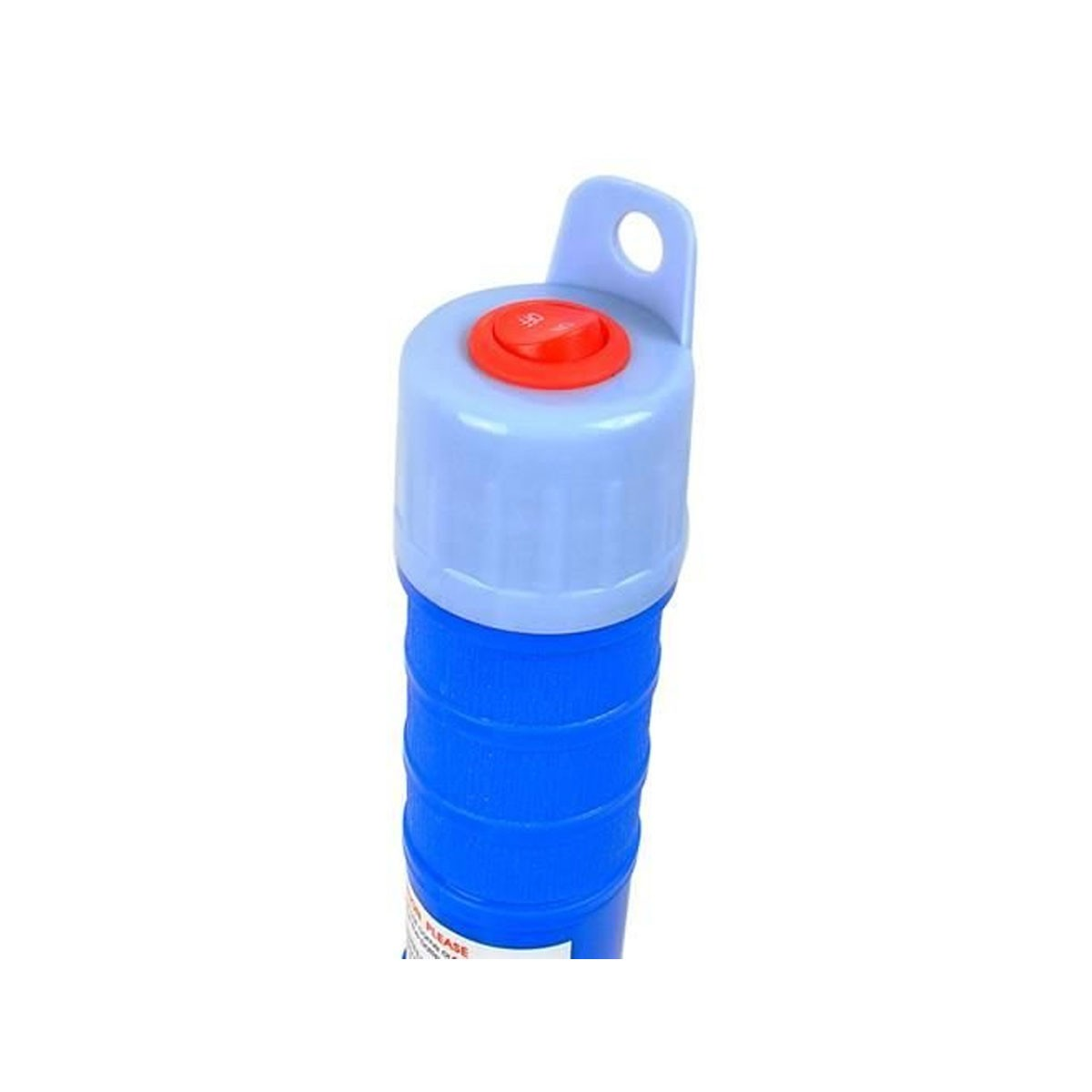 Pompa blu con interruttore rosso e anello per appendere.
