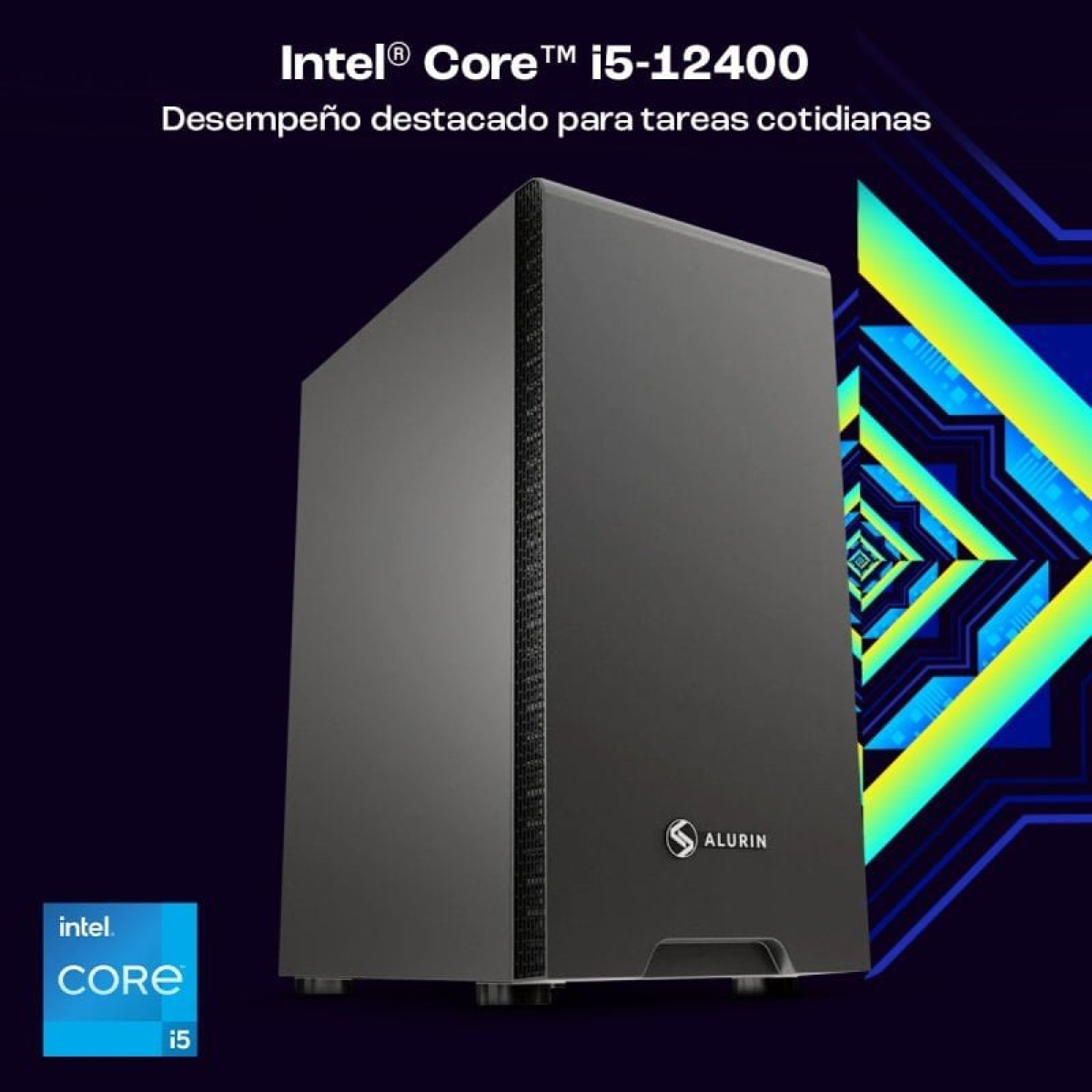 Una torre PC nera con logo Intel Core i5 e sfondo blu e giallo.