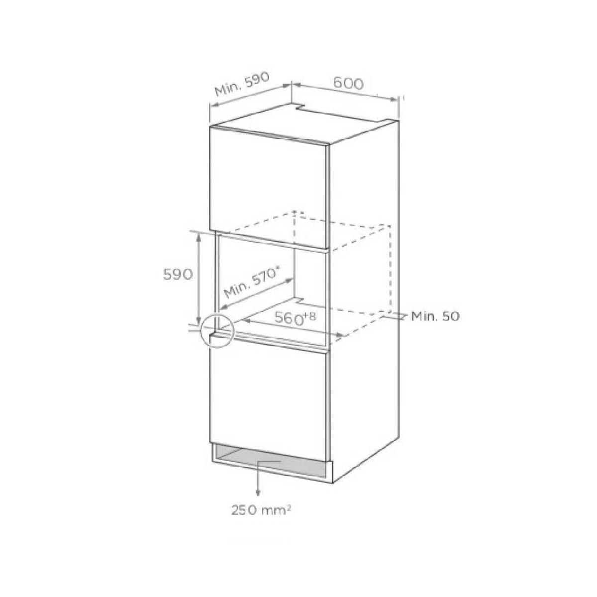Disegno tecnico di un forno da incasso con dimensioni e specifiche.