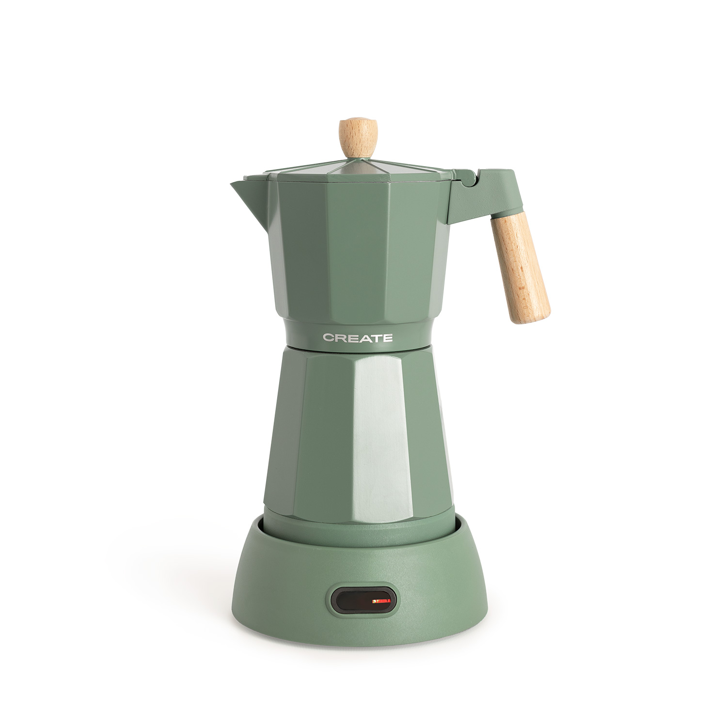 Cafetera moka verde con mango y pomo de madera sobre fondo blanco.