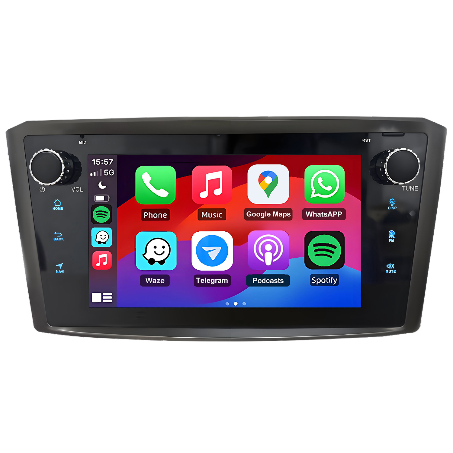 Sistema di infotainment per auto che mostra app: Telefono, Musica, Mappe, WhatsApp, Waze, Telegram, Podcast, Spotify.