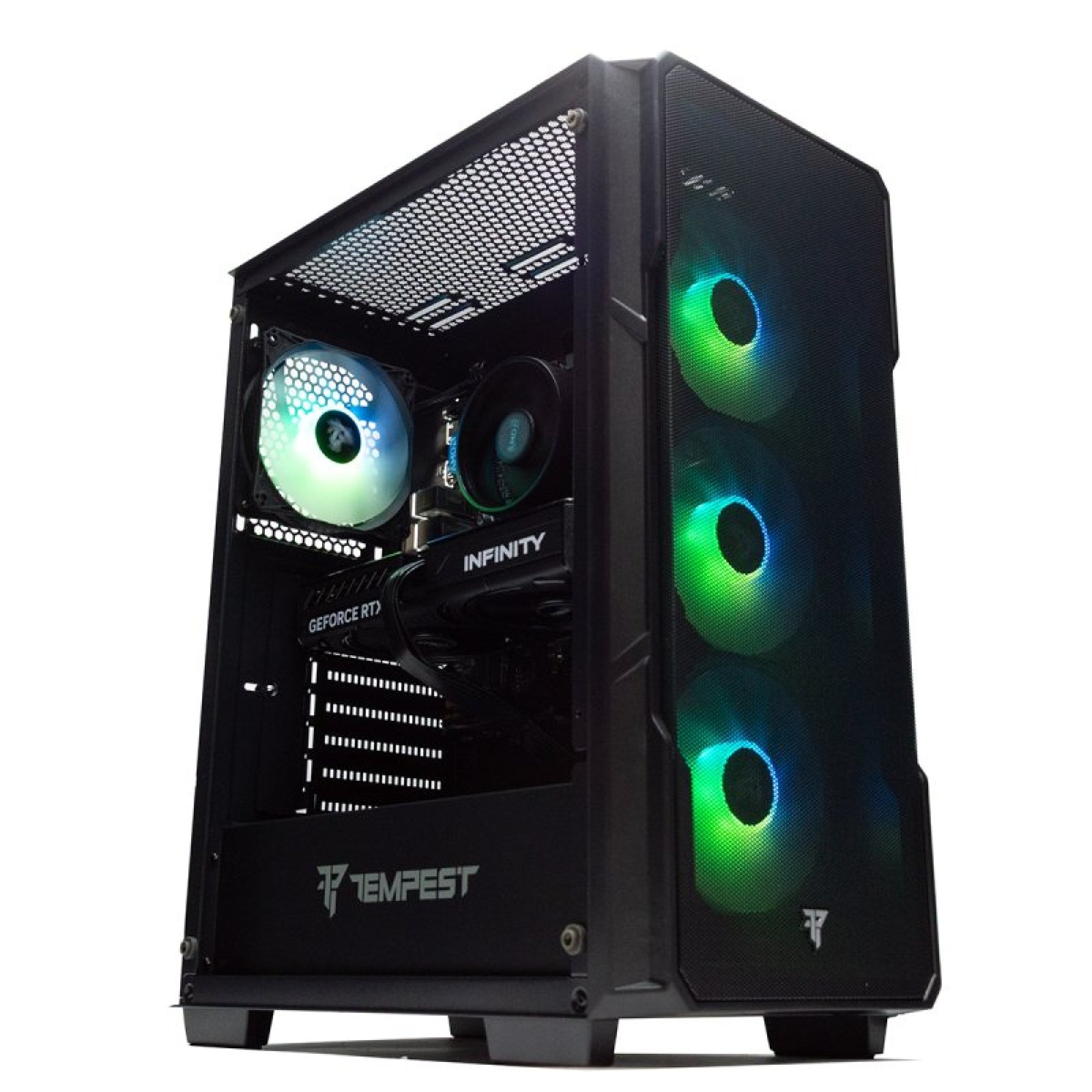Case PC nero con ventole illuminate verdi e blu.