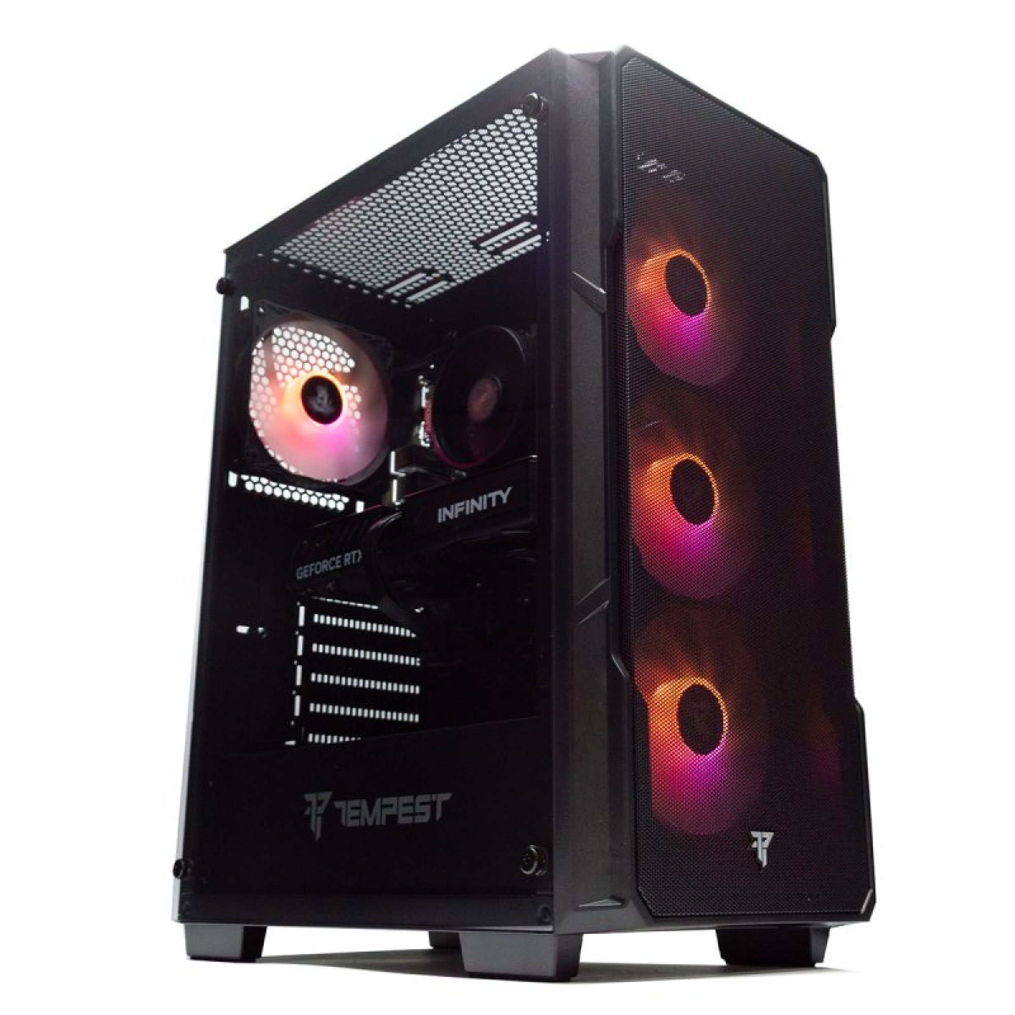 Case PC gaming nero con ventole RGB e componenti interni visibili.