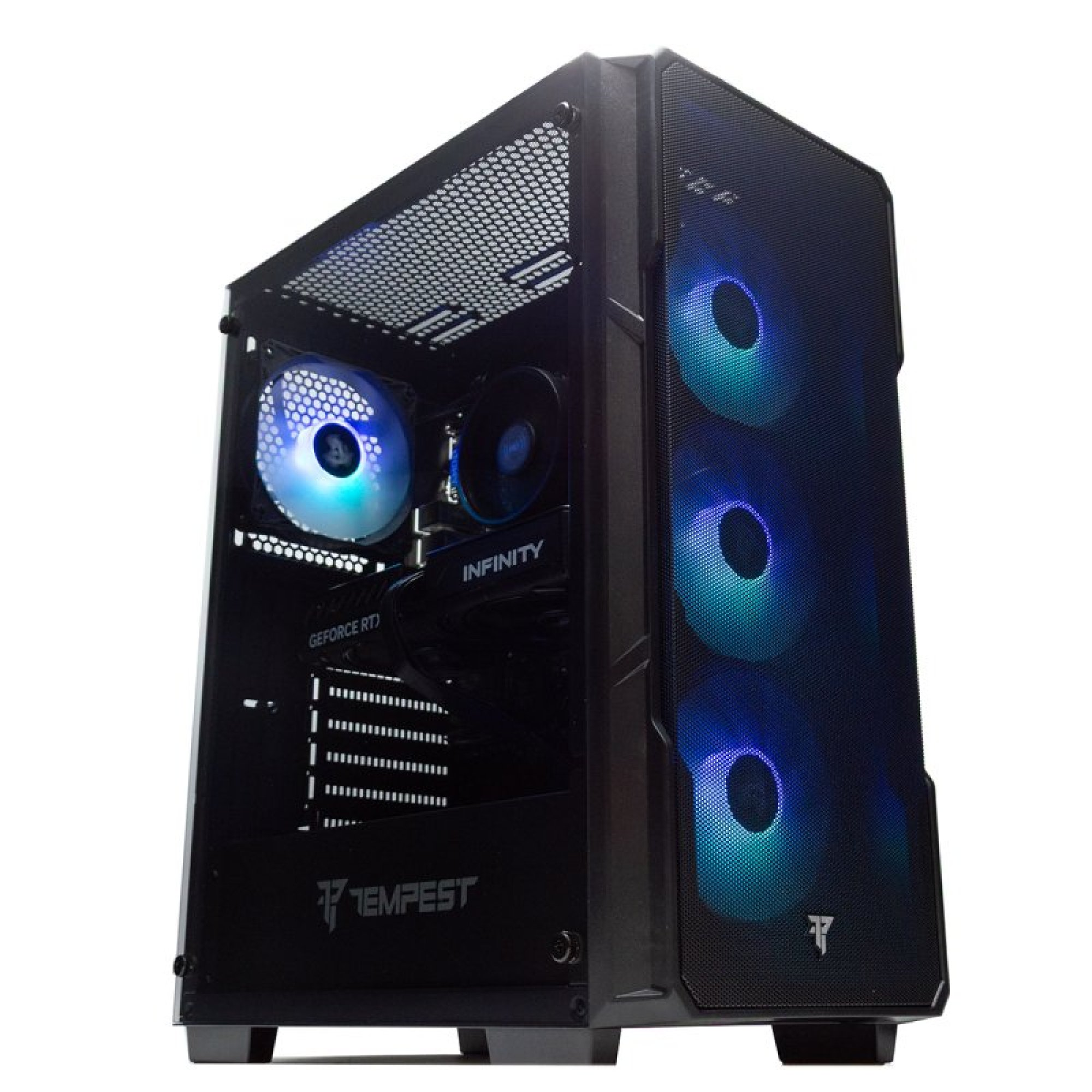 Case PC gaming nero con ventole illuminate di blu e pannello laterale.