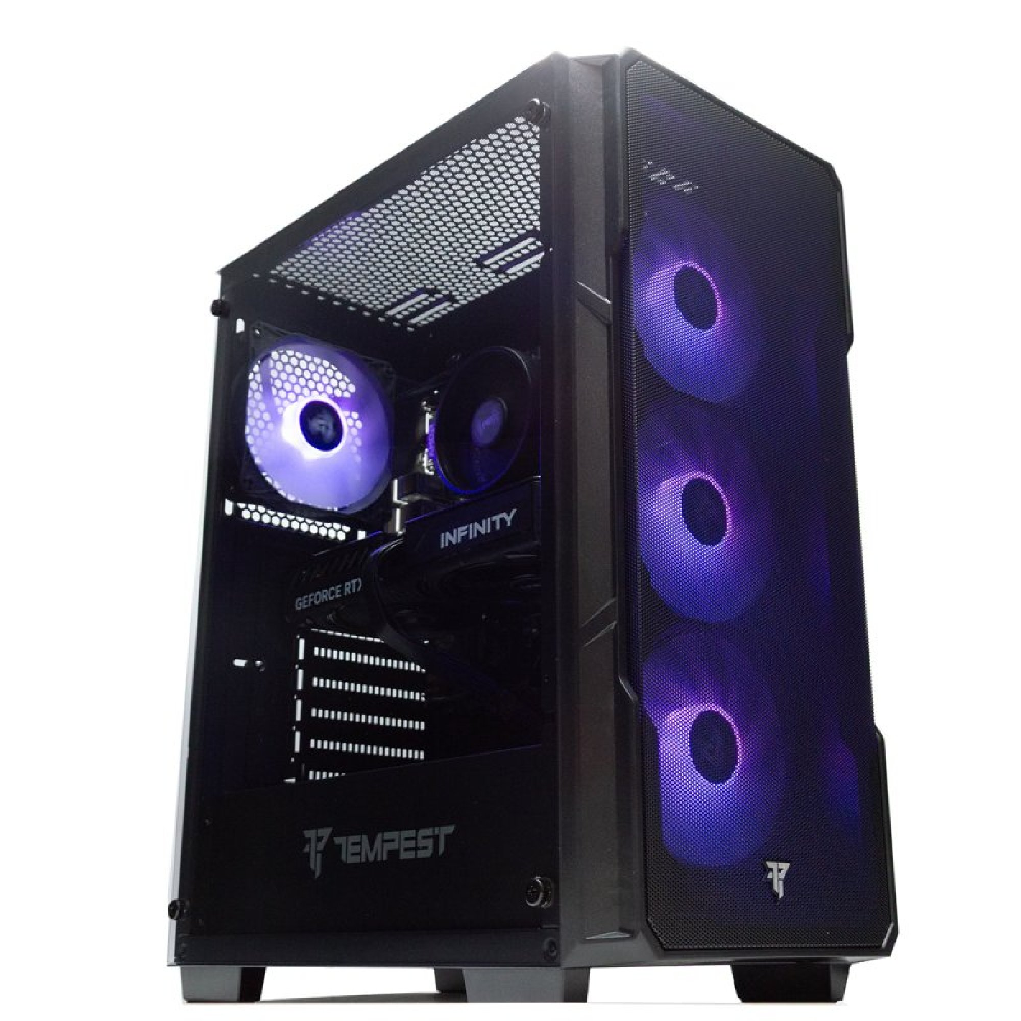 Una torre PC nera con ventole viola e componenti interni visibili.