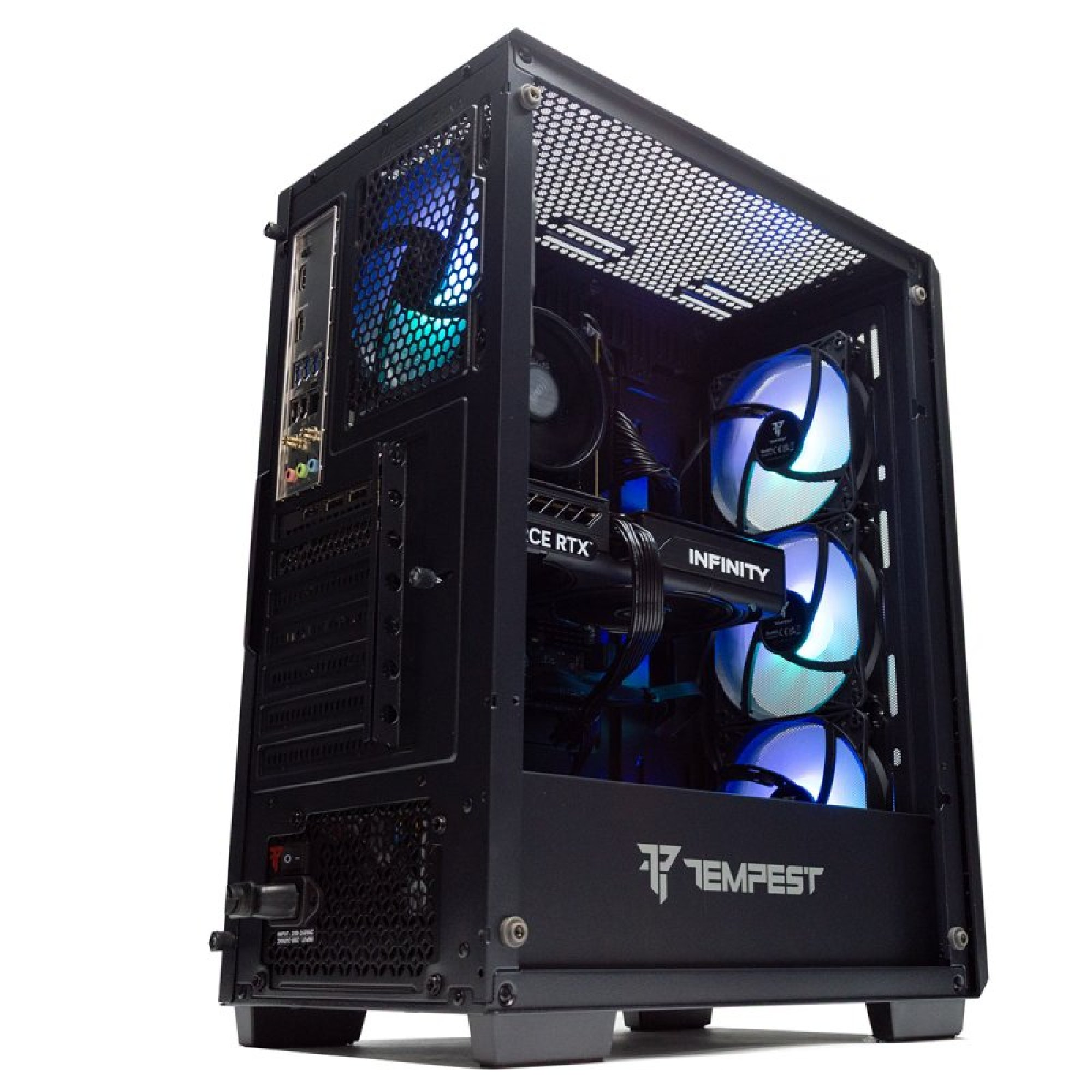 Case PC Tempest nero con ventole RGB e scheda grafica RTX.