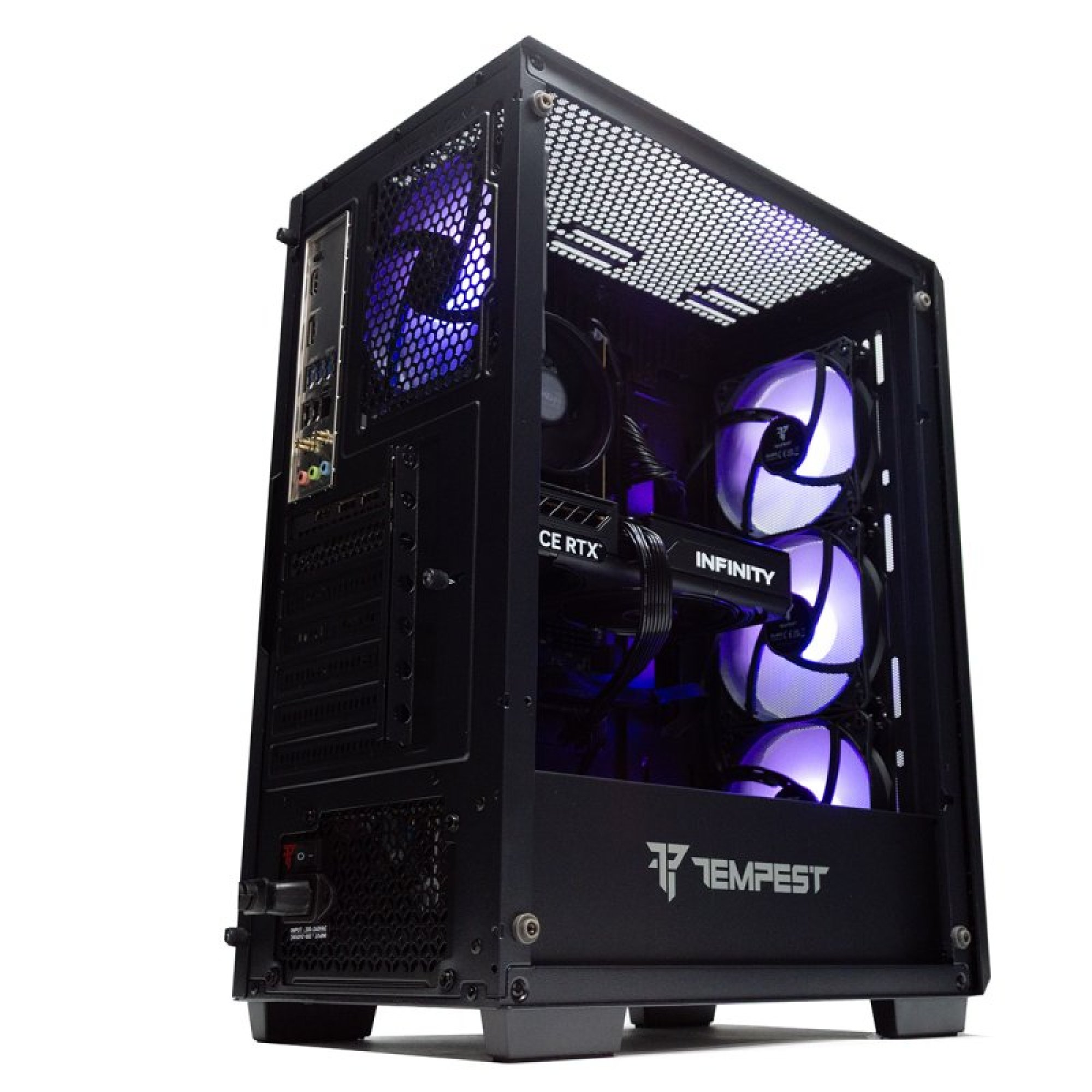 Case PC nero con ventole viola luminose e scheda grafica GeForce RTX Infinity.