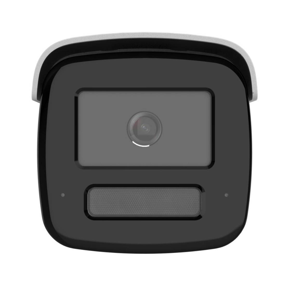 Una telecamera di sicurezza nera con finiture grigie e obiettivo.