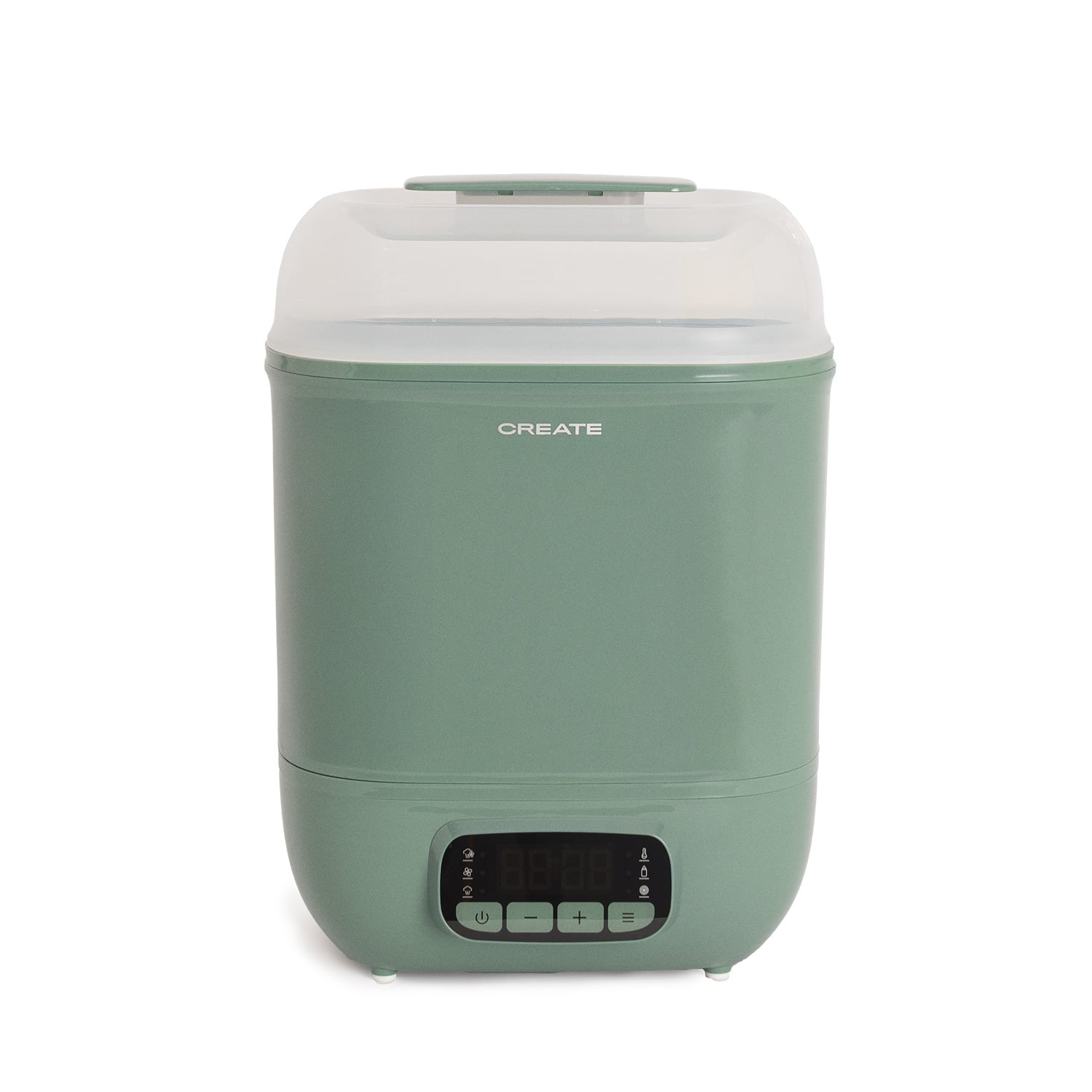 Esterilizador de biberones verde con tapa transparente y pantalla digital frontal.