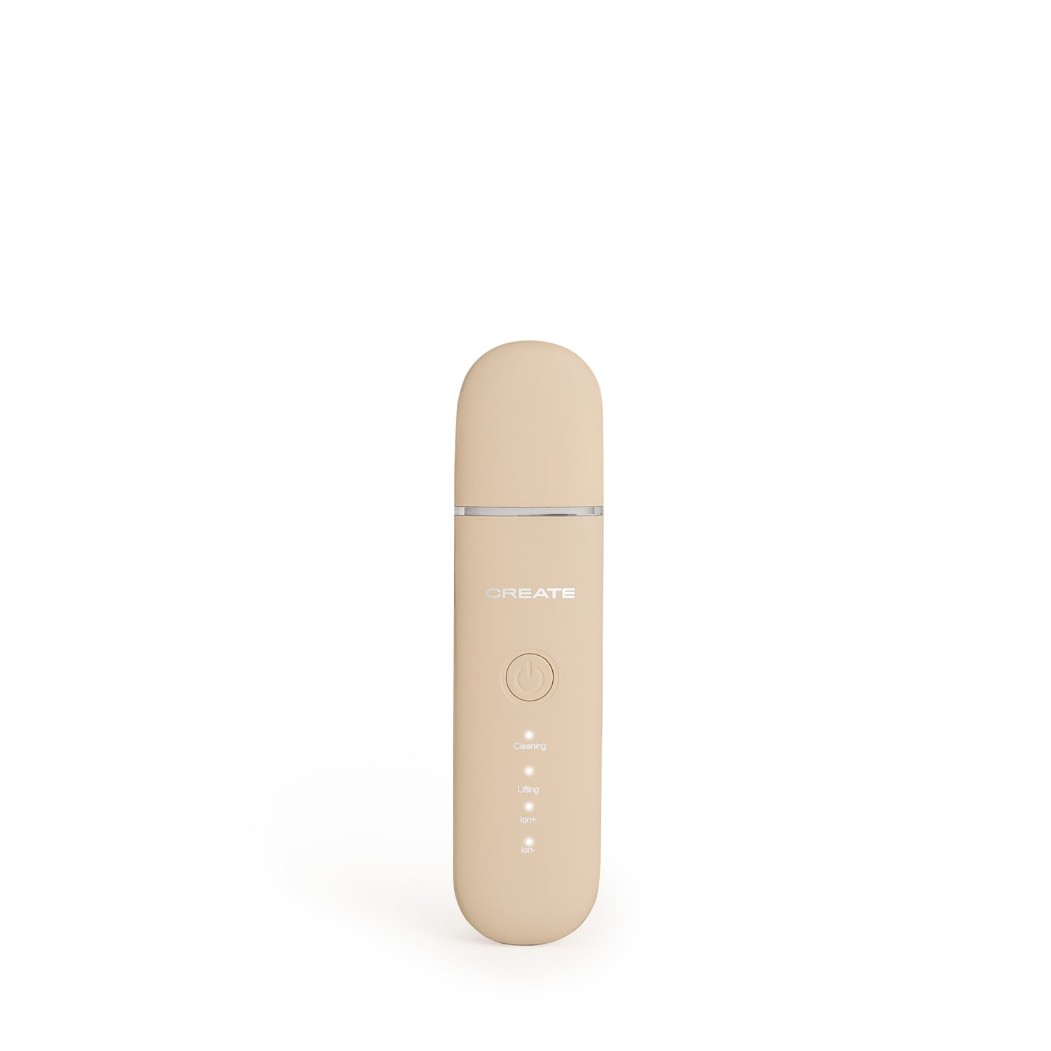 Dispositivo de limpieza facial beige con botón de encendido e indicadores LED.