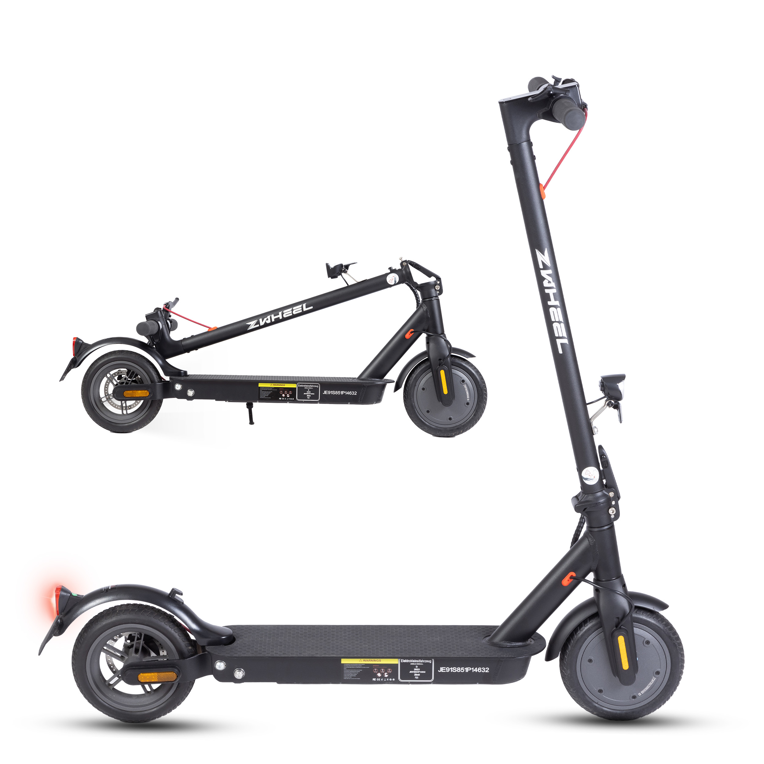 Zwei schwarze E-Scooter auf weißem Hintergrund, einer zusammengeklappt, der andere ausgefahren.
