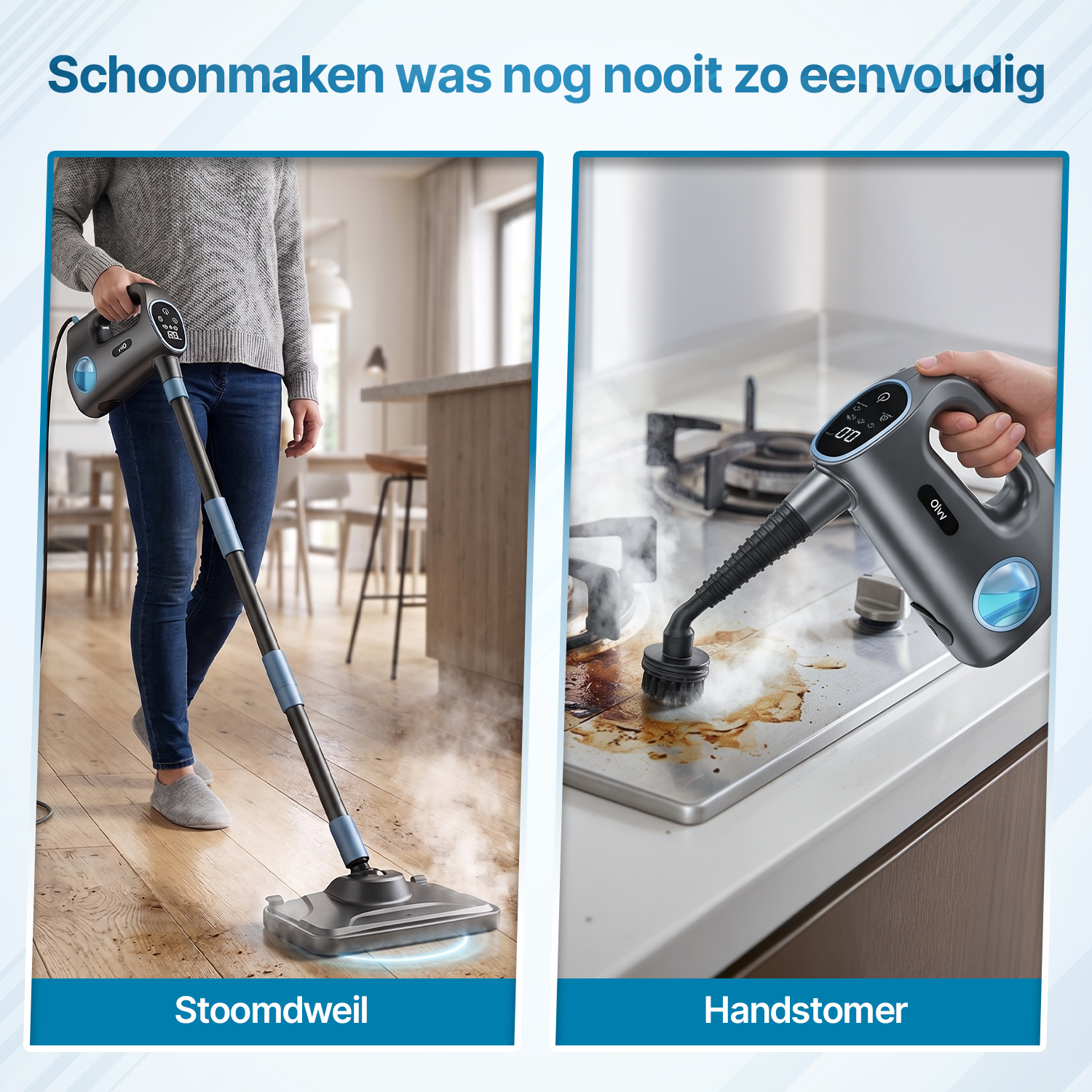 Een stoommop reinigt een houten vloer, een handstoomreiniger reinigt een kookplaat.