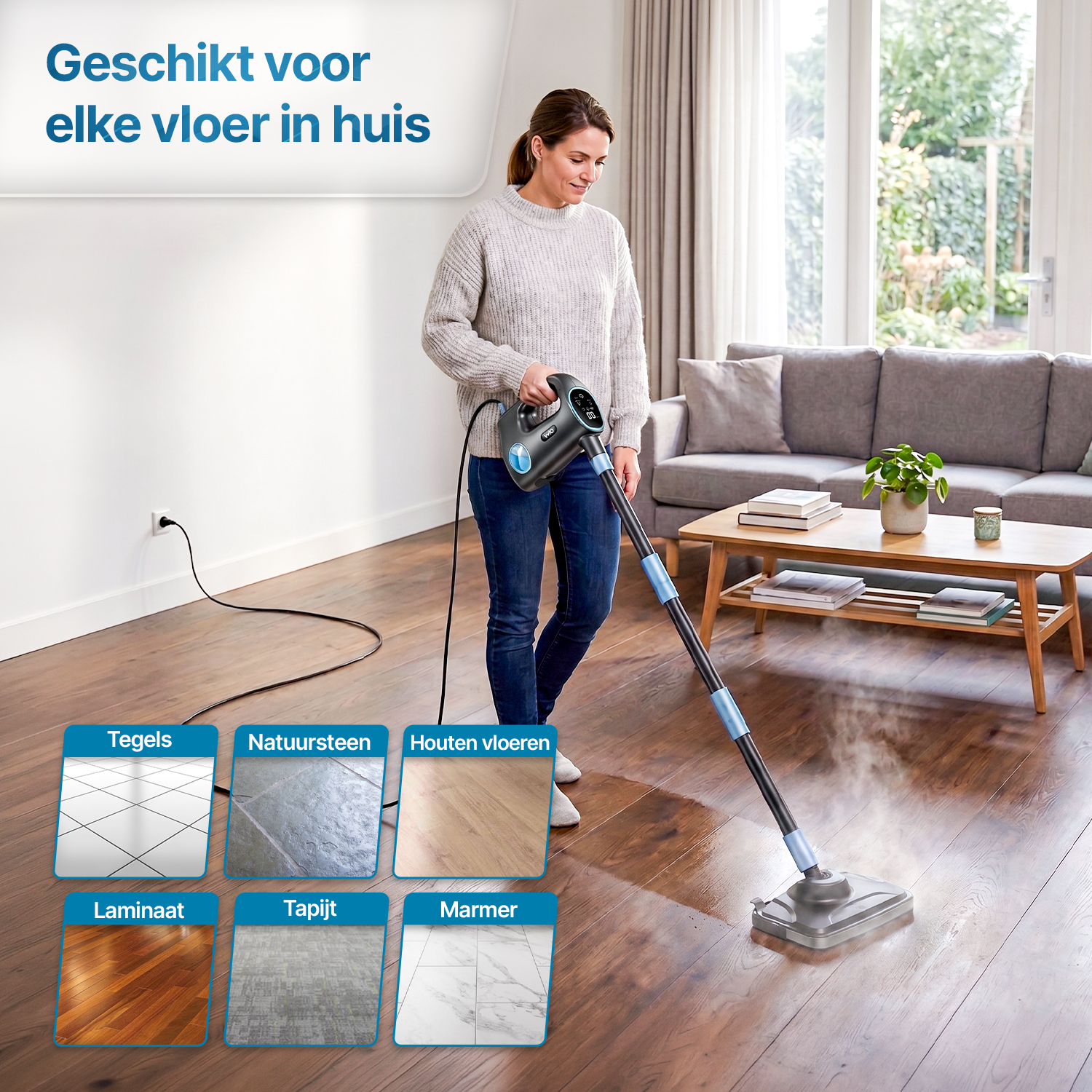 Vrouw gebruikt stoomreiniger op houten vloer, met tegels, natuursteen, laminaat, tapijt, marmer.