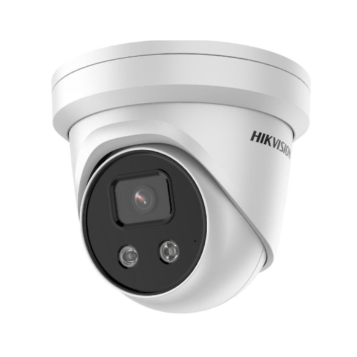 Una cámara de seguridad Hikvision blanca con lente negra y dos luces.