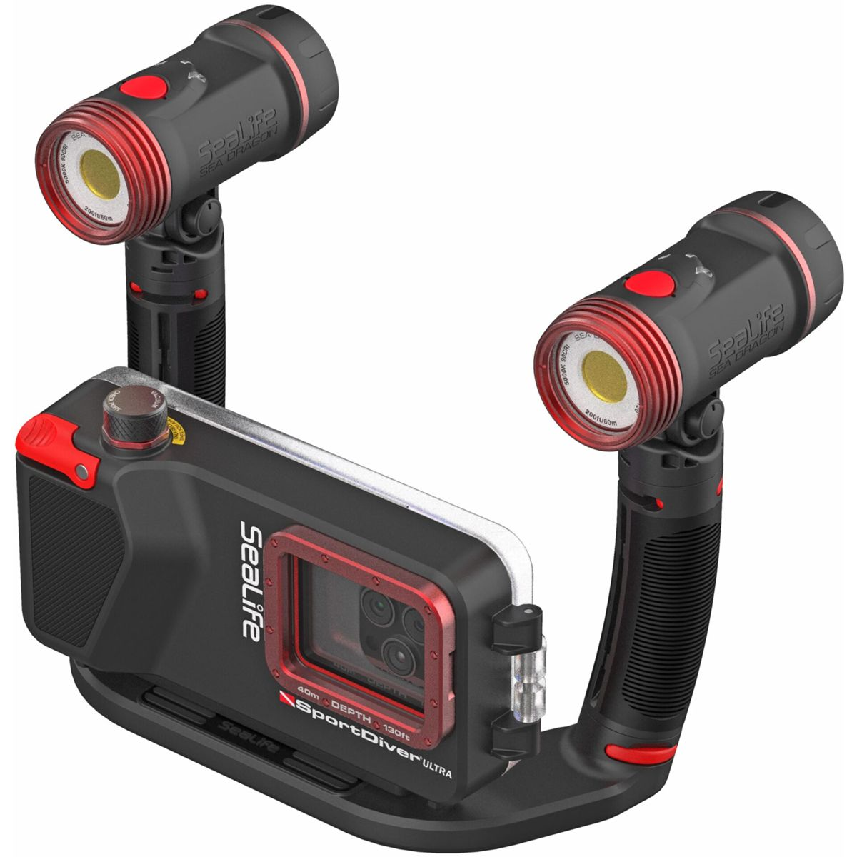Un alloggiamento subacqueo nero con due luci rosse e nere montate per una fotocamera.