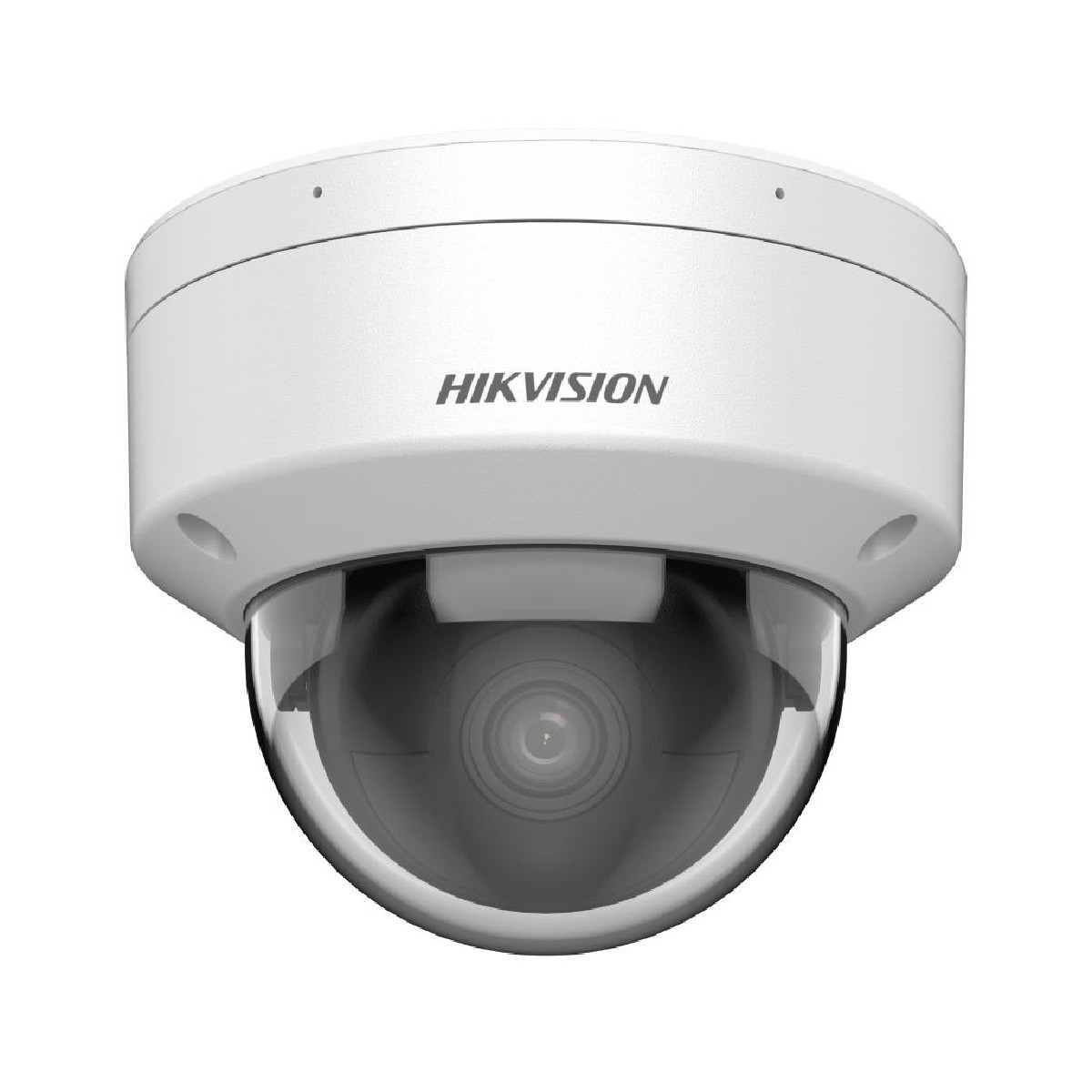 Cámara de seguridad domo Hikvision blanca con lente de domo transparente.