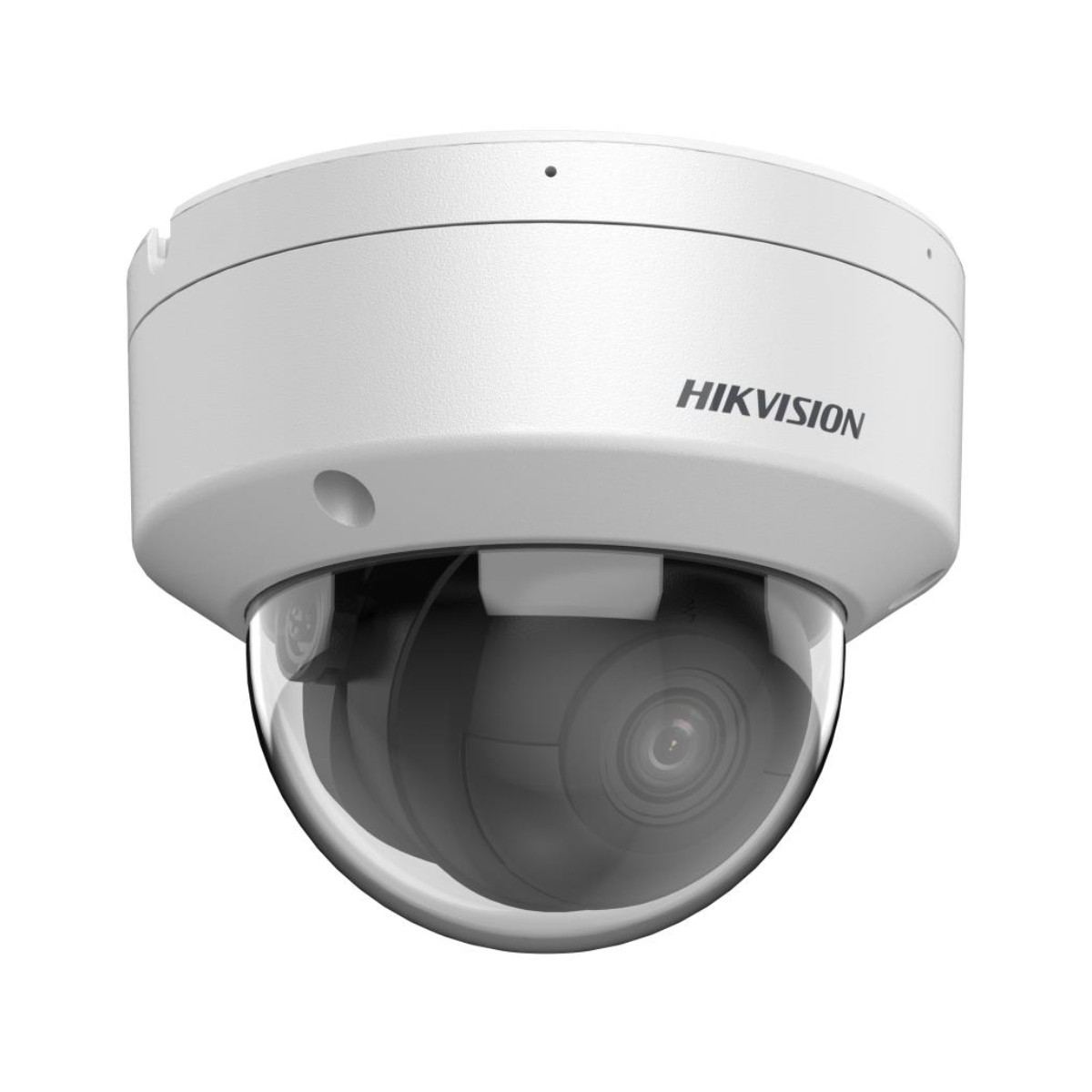 Una cámara de seguridad blanca Hikvision tipo domo con lente transparente.