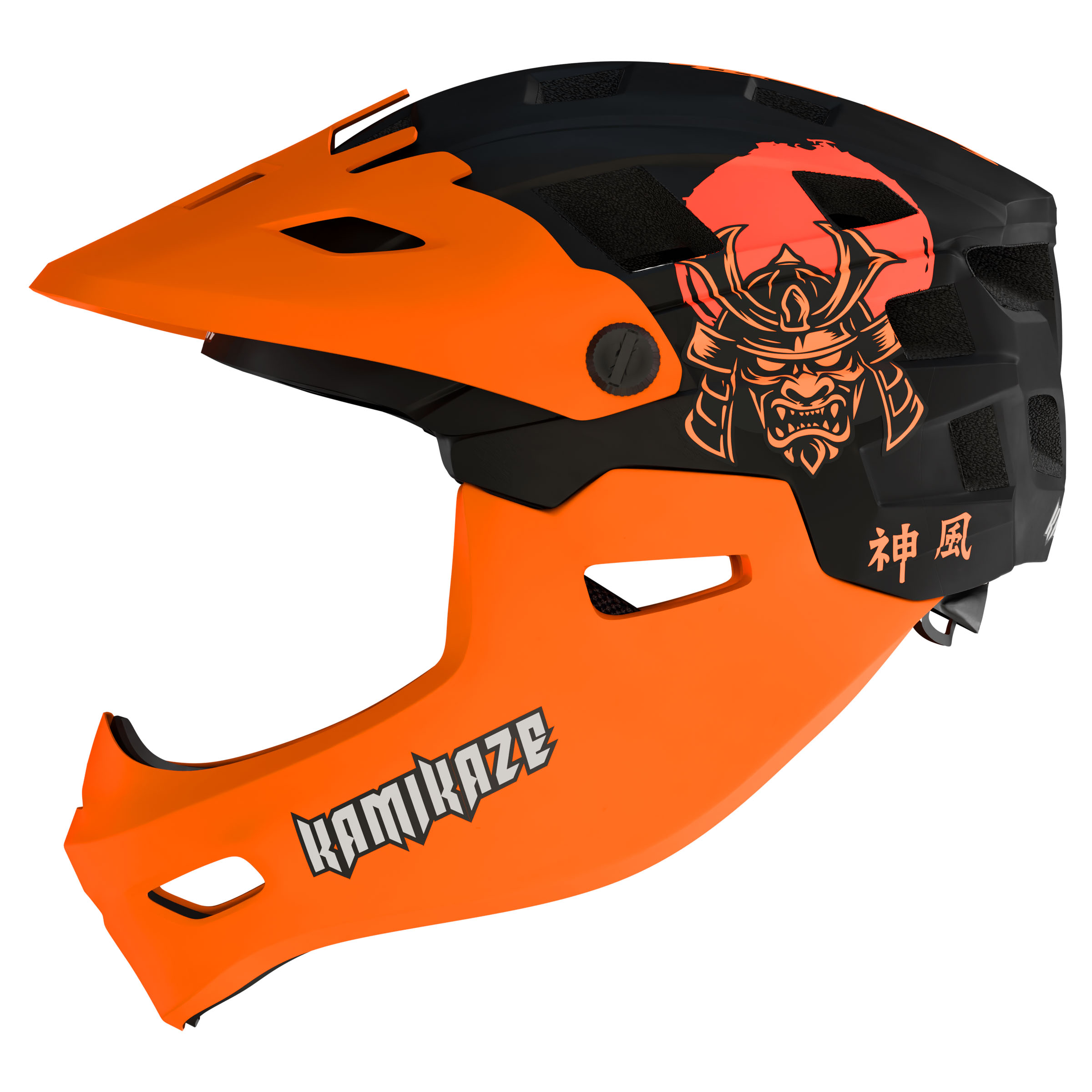 Casco naranja y negro con gráfico de samurái y texto "Kamikaze".