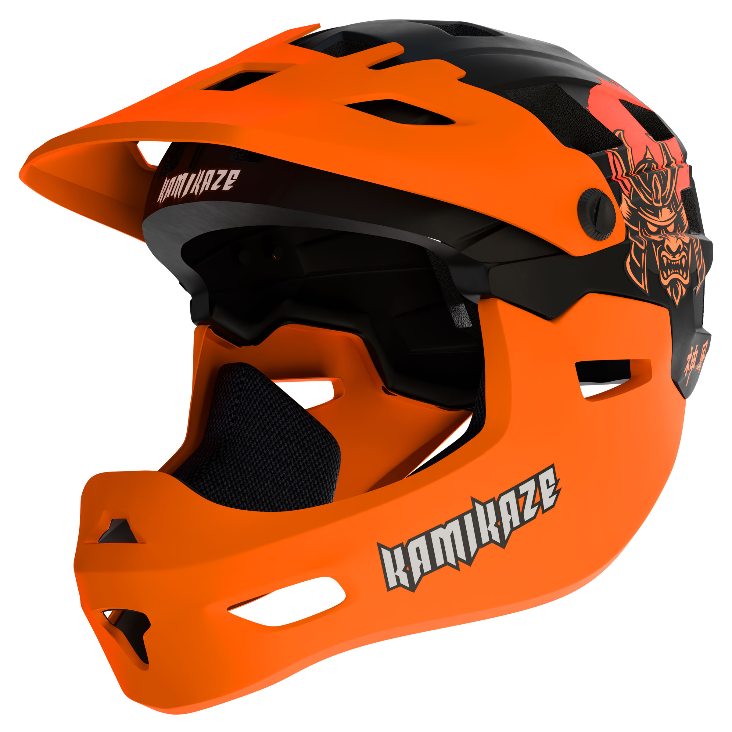 Casco integral naranja y negro con gráfico de samurái y ventilaciones.