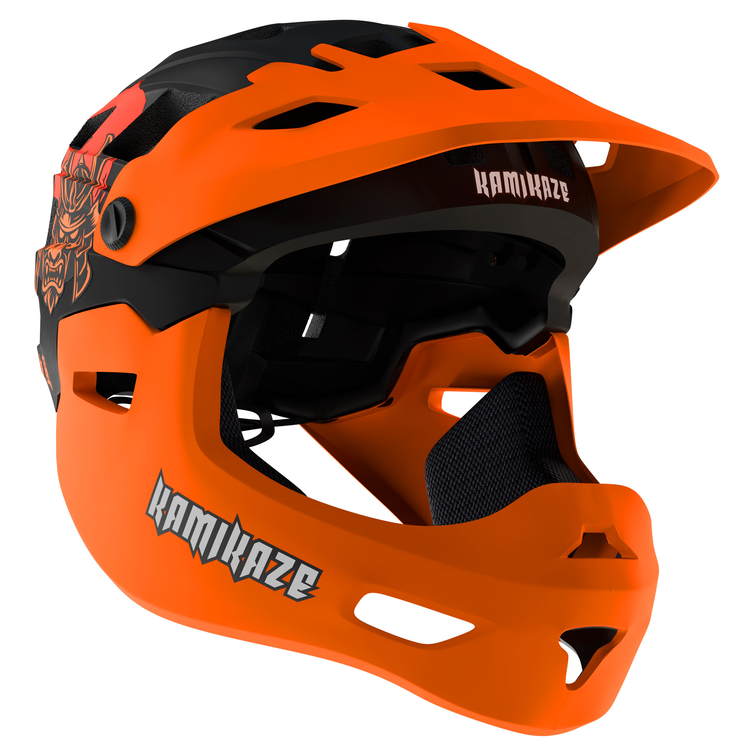 Un casco de bicicleta de montaña naranja de cara completa con detalles negros y un escudo tipo visera.