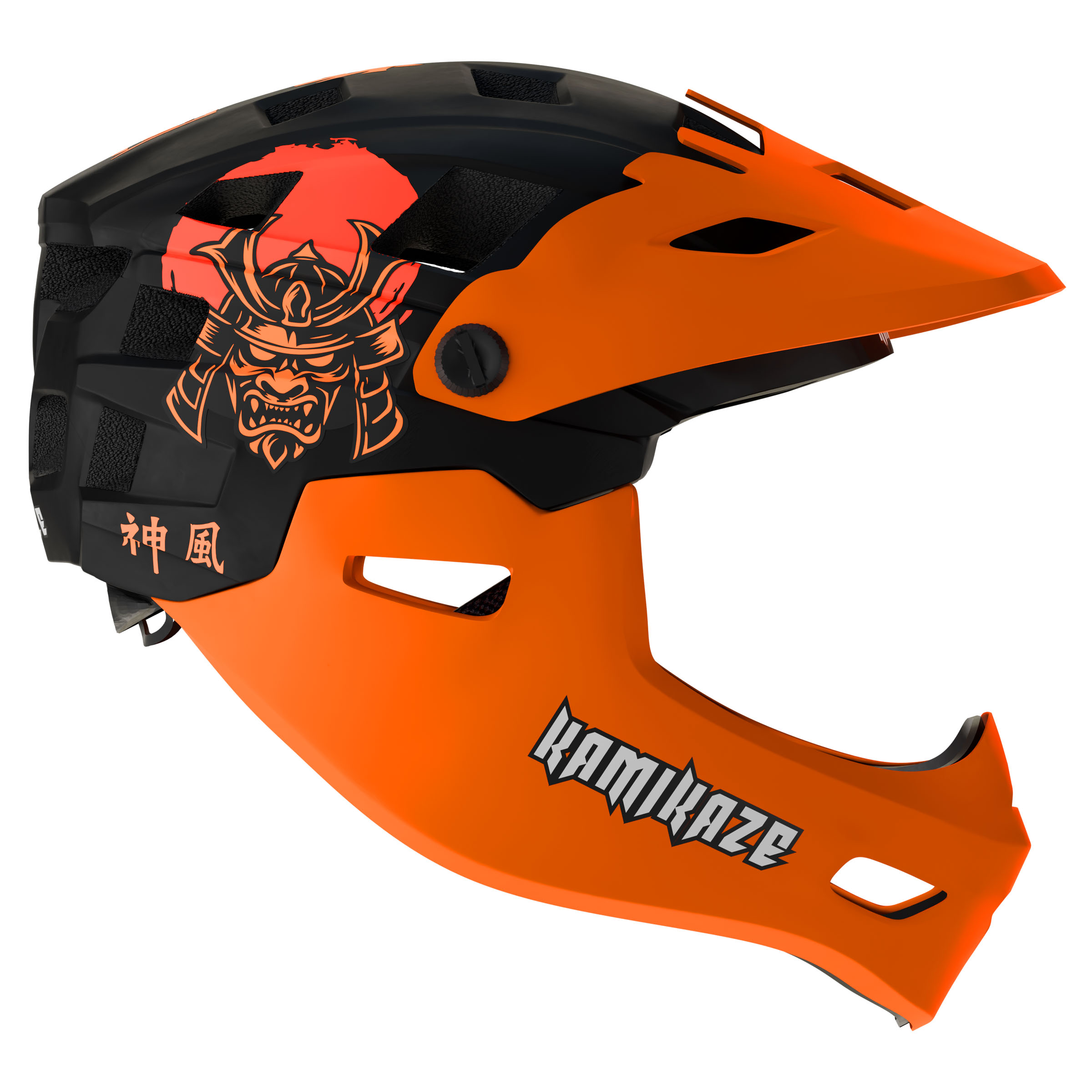 Casco integral naranja y negro con gráfico de samurái y