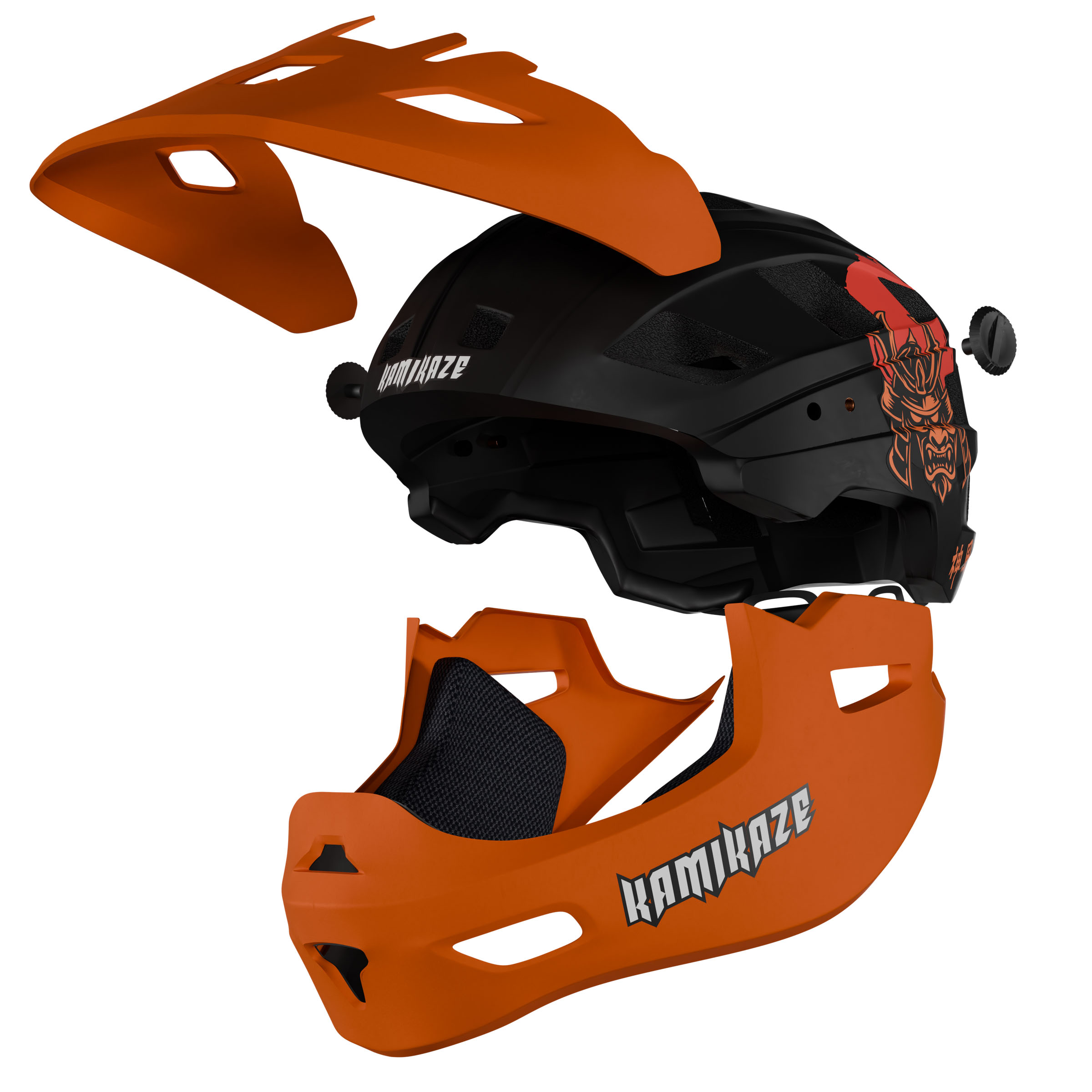 Una mentonera y visera naranjas desmontables para un casco negro.