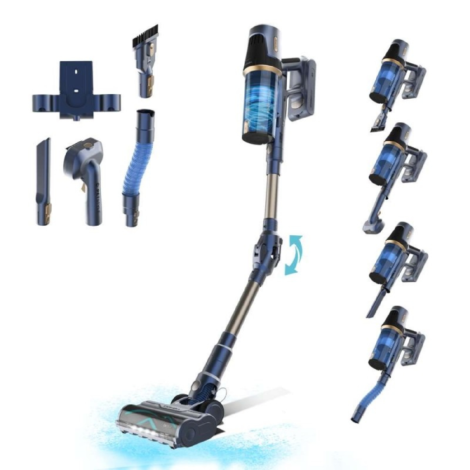 Aspirapolvere senza fili blu con accessori e supporto a muro.