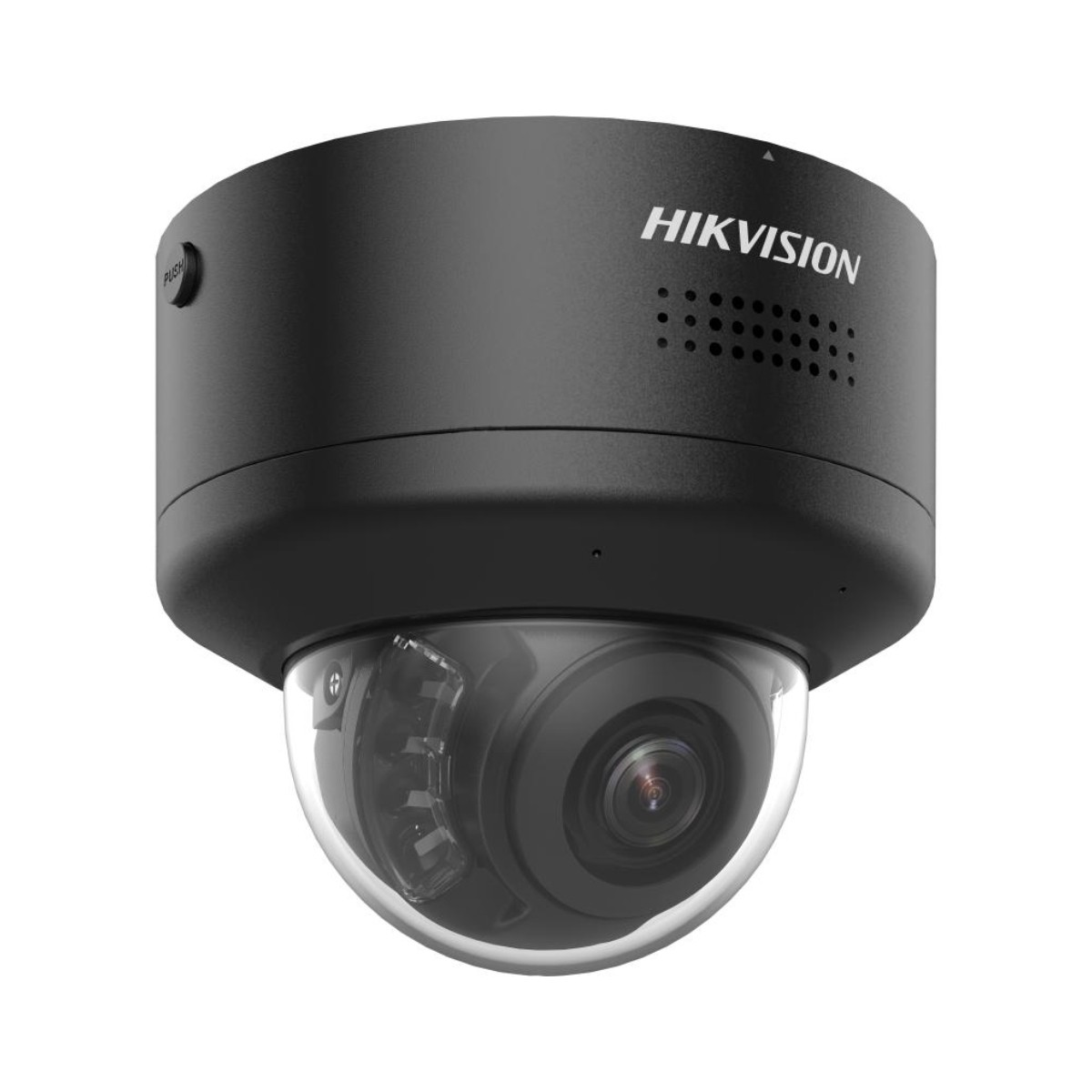 Telecamera di sicurezza HIKVISION nera a cupola con pulsante e griglia altoparlante.