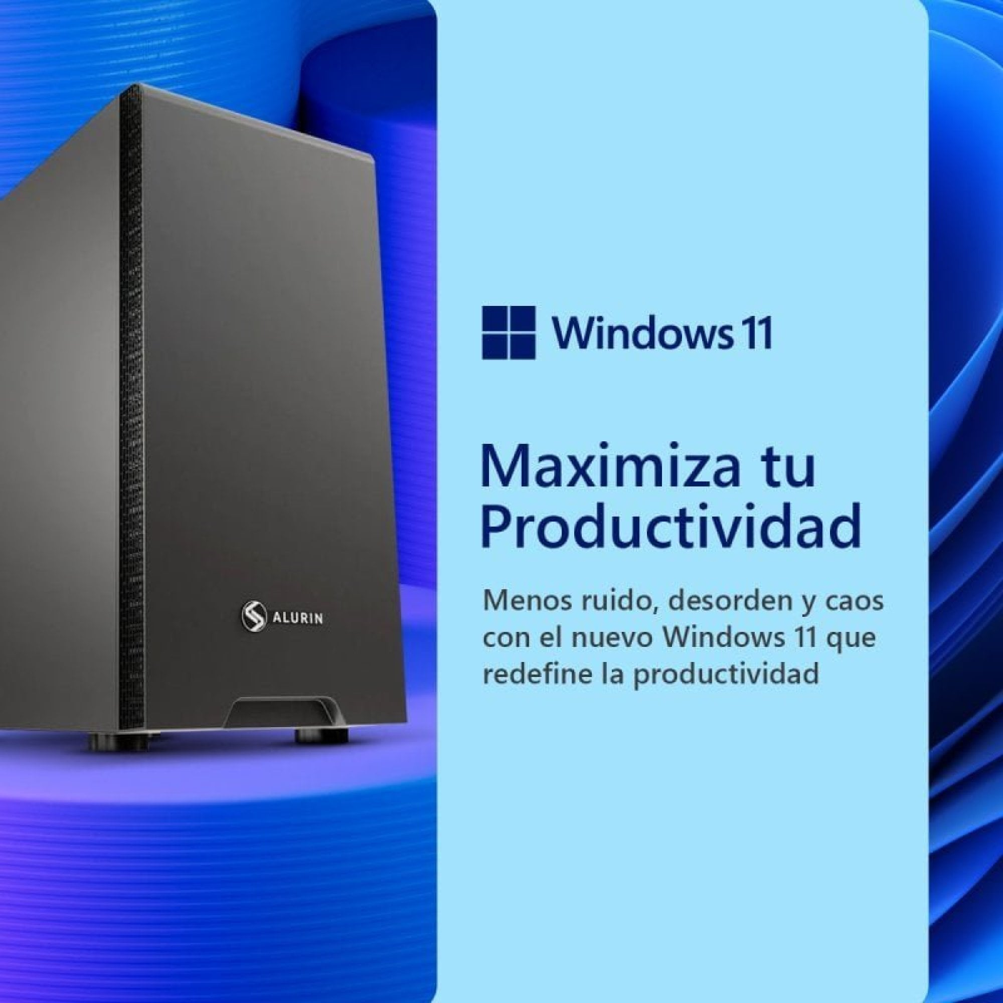 Un case PC nero si erge su sfondo blu con il logo di Windows 11.