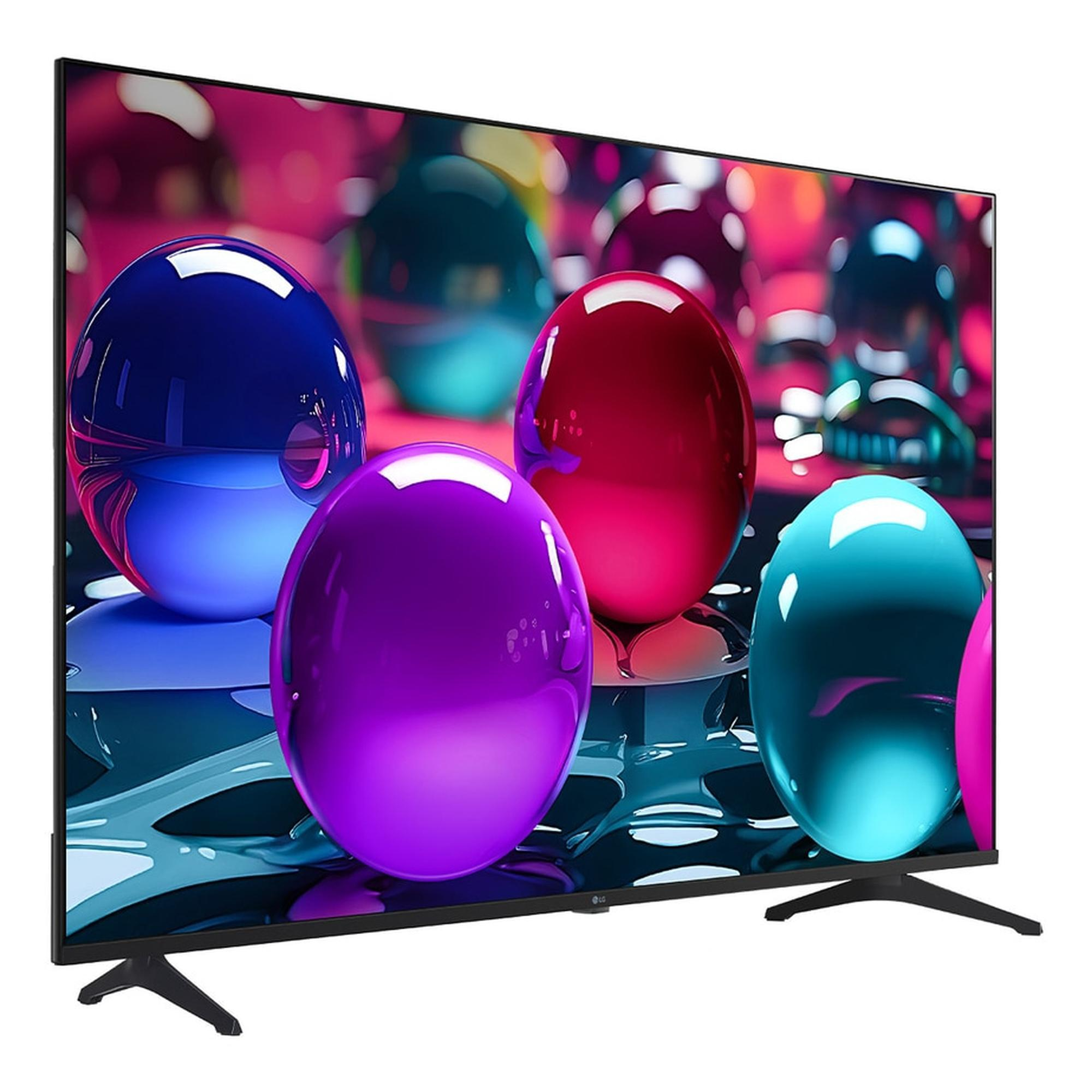 Un televisor moderno con un fondo abstracto y colorido con esferas.