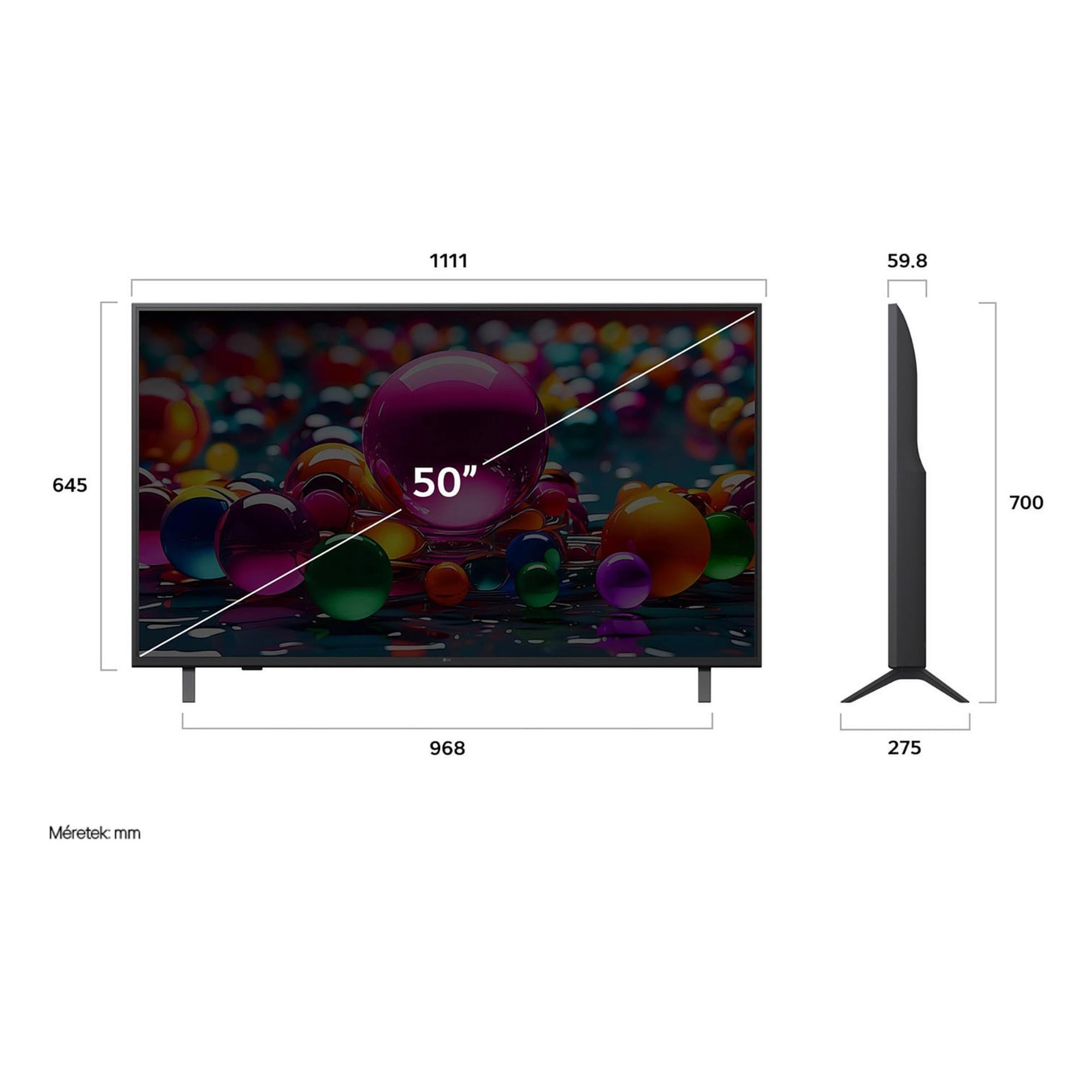 Una pantalla de TV de 50 pulgadas muestra esferas coloridas. Dimensiones: 1111x645x59,8mm.