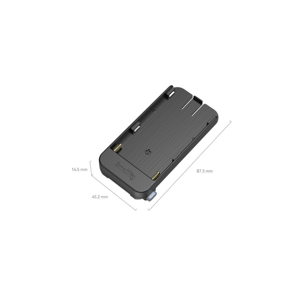 Een zwarte SmallRig batterijadapter van 87,3 x 45,2 x 14,5 mm.
