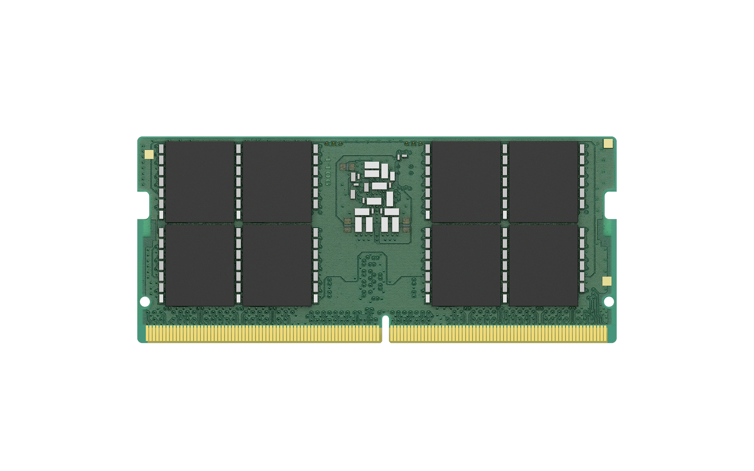 Modulo RAM verde con chip neri e connettore dorato.