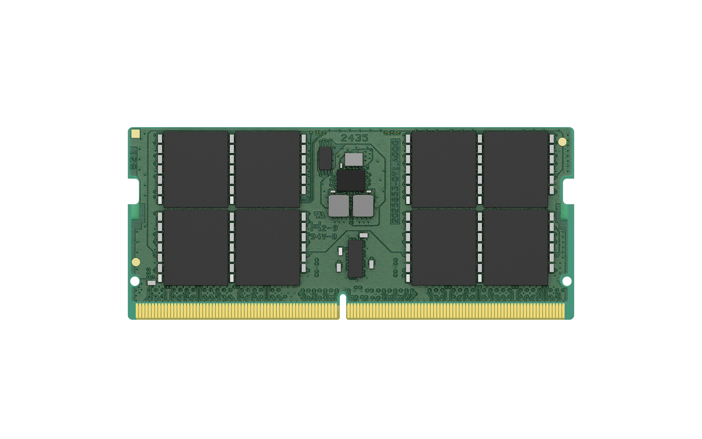 Un modulo RAM verde con otto chip di memoria neri e contatti dorati.